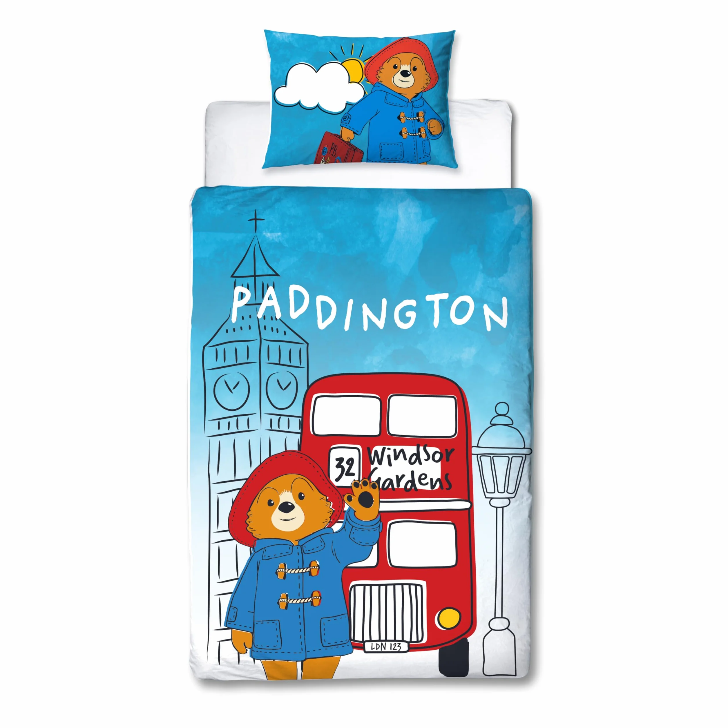 Character World Oficjalny zestaw poszewek na kołdrę Paddington Bear™ | 2-stronna dwustronna konstrukcja stacji, dopasowana poszewka na poduszkę, zestaw na pojedyncze łóżko, biały i niebieski, bawełna