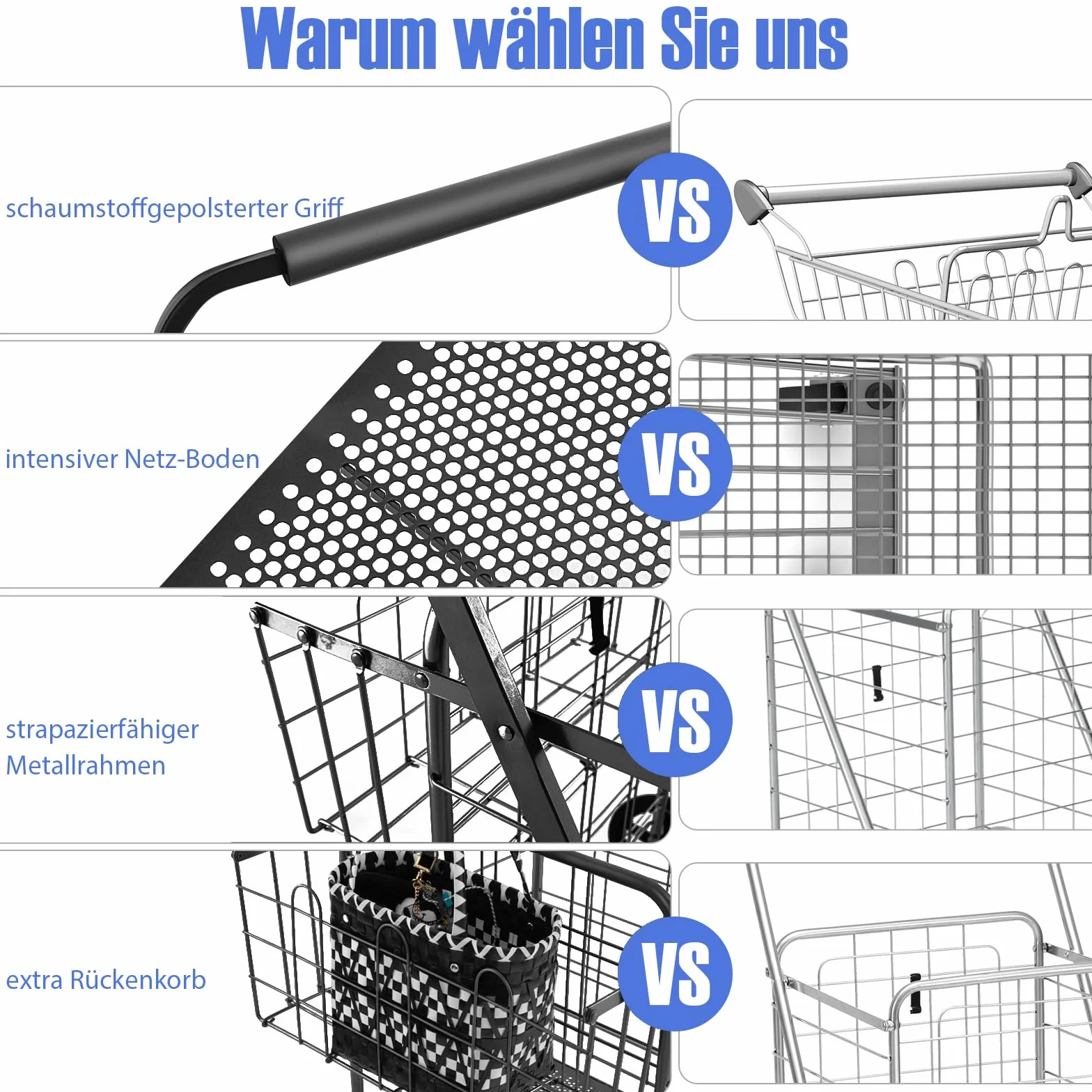COSTWAY Wózek na zakupy składany, wózek na zakupy na kółkach, ze zdejmowaną torbą Oxford i 2 koszami, wózek ręczny, obciążenie 150 kg, wózek uniwersalny, do prania, zakupów, bagażu (czarny)