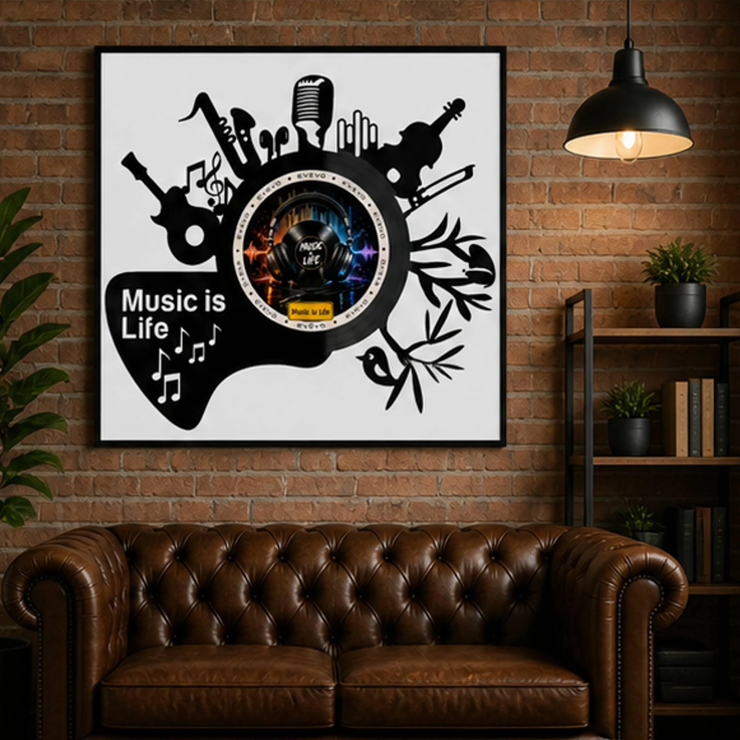 EVEVO Dekoracja ścienna z płyty gramofonowej w ramie 32 x 32 cm Music is Life - winylowa sztuka ścienna, prezent dla muzyków, melomanów audiofilów