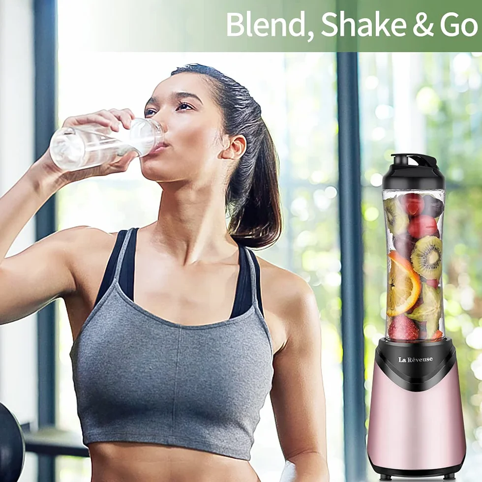 La Rêveuse Mix&Go mikser stojący do smoothie mikser elektryczny 300 W, osobisty rozmiar, 2 przenośne butelki sportowe bez BPA (550 ml), różowy