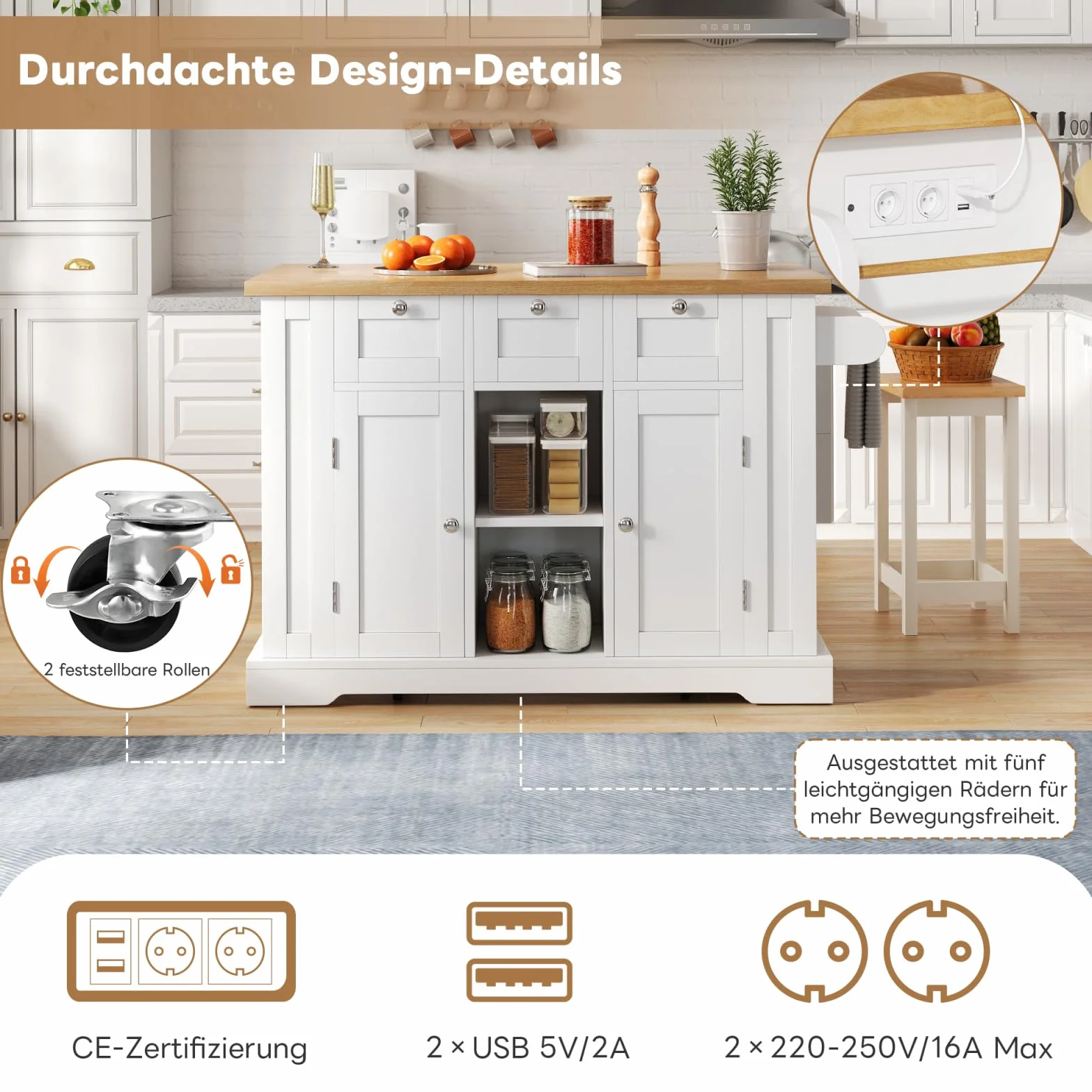 Wyspa kuchenna ze składanym blatem roboczym, wózek kuchenny z 2 drzwiami i 3 szufladami, wózek kuchenny z wbudowanym gniazdkiem, do kuchni i jadalni, 132 x 40 x 87 cm, biały