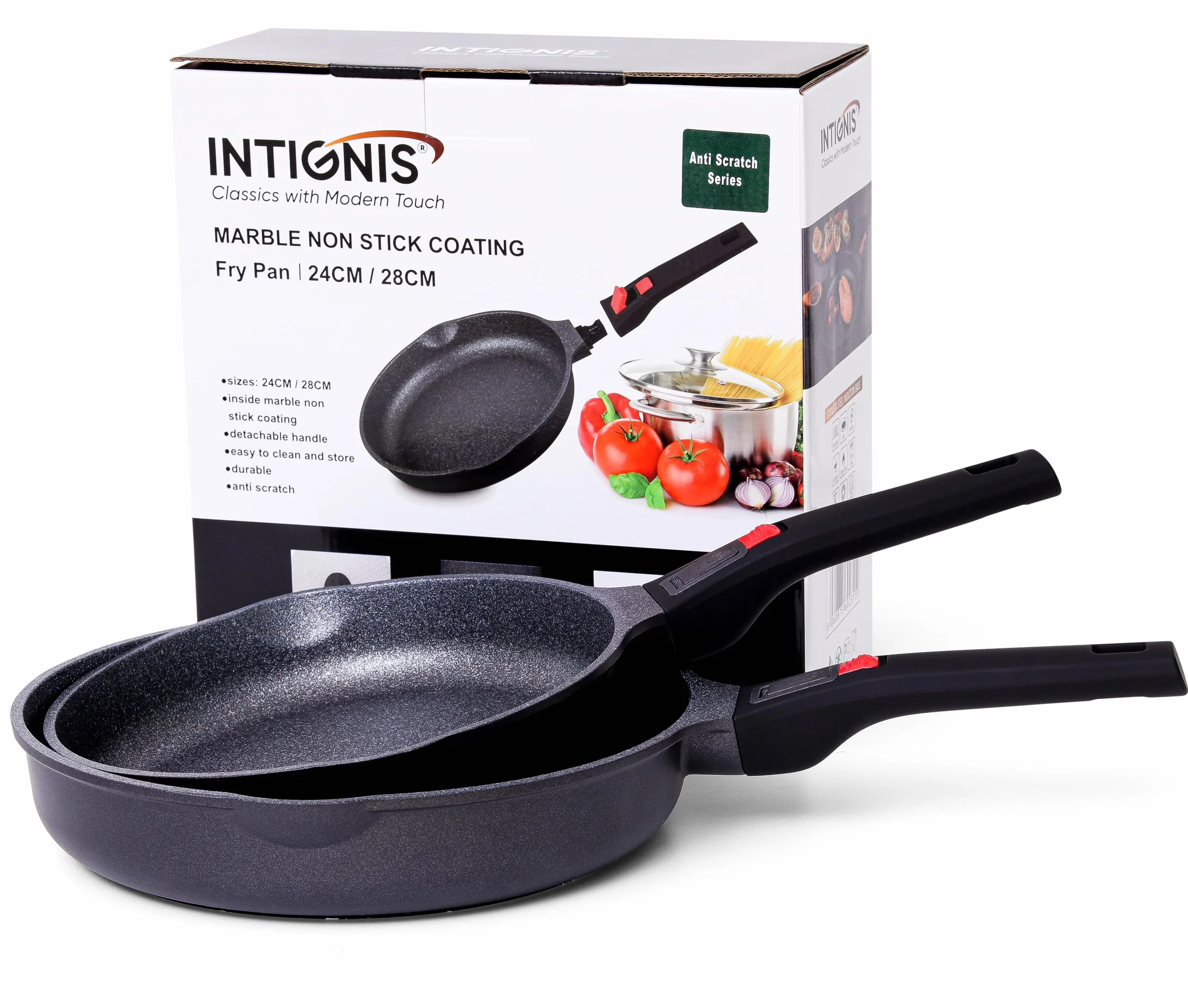 INTIGNIS Zestaw patelni 24 cm i 28 cm nieprzywierające odporne na zarysowania zdejmowane uchwyty indukcyjne podstawa ze stali nierdzewnej łatwe czyszczenie naczynia kuchenne