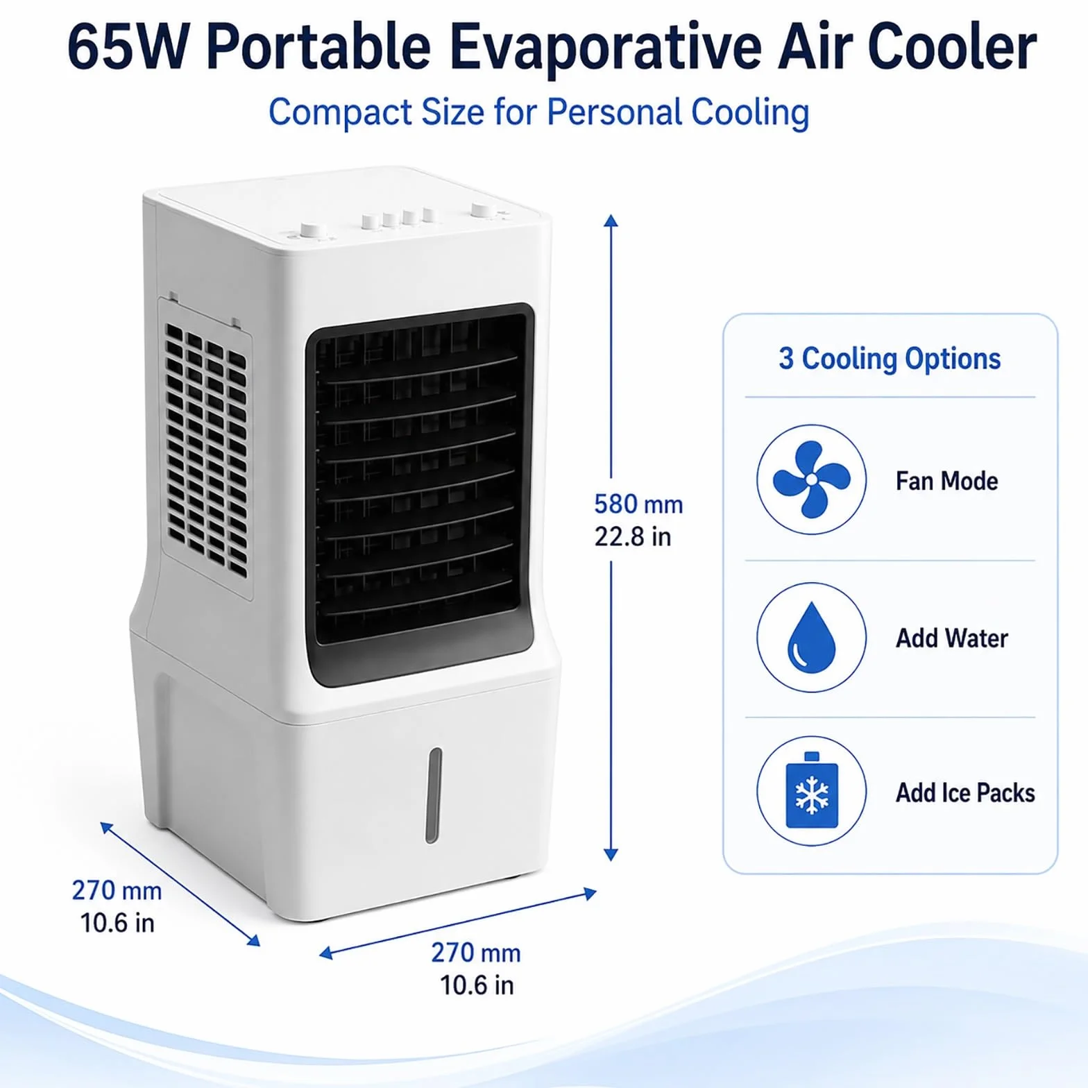 Przenośna Chłodnica Powietrza Ewaporacyjna 65 W, 3 Prędkości, Oscylacja 60° | 10 Litrowa Chłodnica Ewaporacyjna z 6 Wkładami Chłodzącymi i Sterowaniem Mechanicznym, do Sypialni, Biura i Salonu