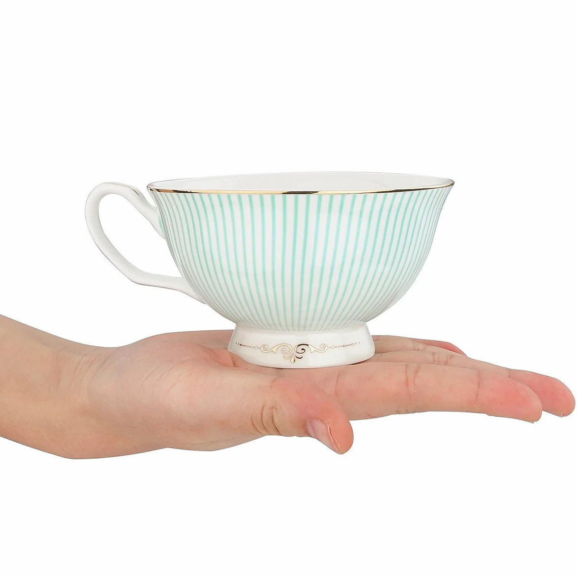Szklanki do picia szklane kubki, zestaw filiżanek i spodków Porcelana kostna Filiżanka do kawy i herbaty na śniadanie Popołudniowa herbata - wzór w niebieskie paski (4)