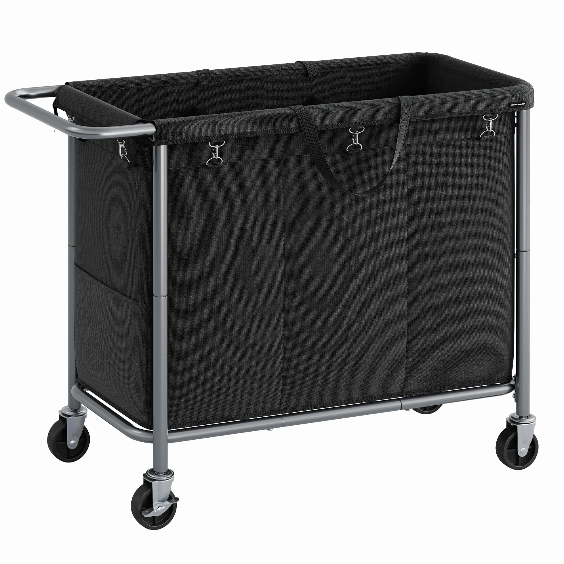 SONGMICS Kosz na pranie 3 przegródki, 200 litrów, kosz na pranie z kółkami, wózek na pranie, wyjmowana torba na pranie, stalowa rama, z uchwytem, przestronny, 91 x 39 x 81 cm, tusz czarny RLS005B01