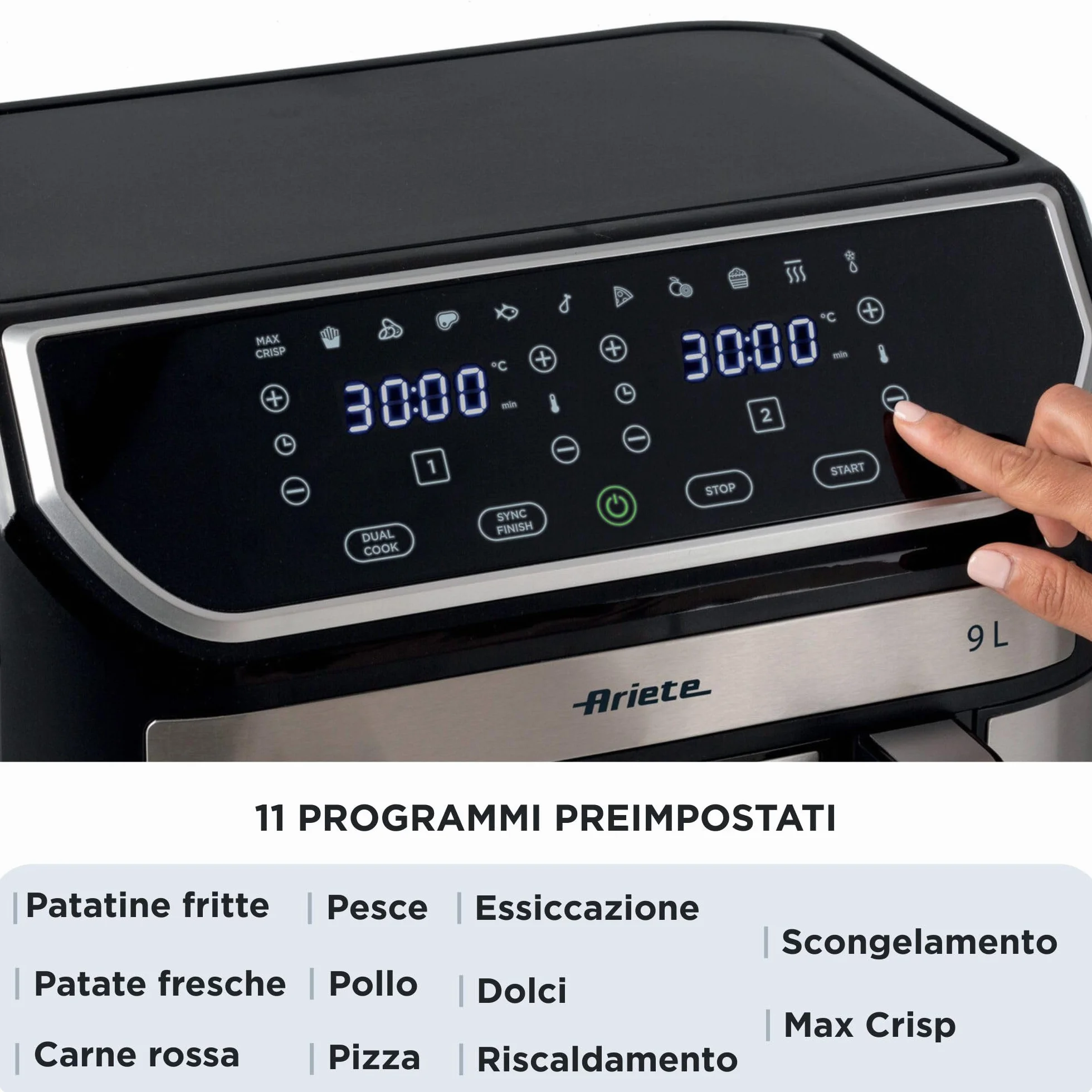 Ariete 4625 frytkownica powietrzna 9 l, 2100 W, pojemność 9 l, podwójny kosz, pojemność gotowania 3,6 kg, 11 zaprogramowanych programów, funkcja Max Crisp, temperatura do 200°C, nieprzywierający kosz