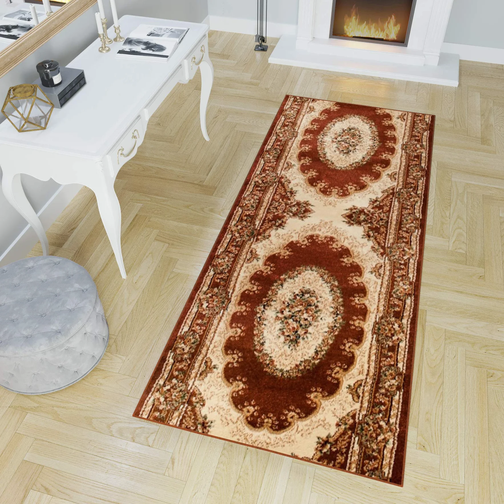 TAPISO Yesemek dywan bieżnik na korytarz, krótkie runo, klasyczny medalion kwiatowy, tradycyjny wzór ornamentowy, brązowy, kremowy, do korytarza, Ökotex 90 x 1400 cm