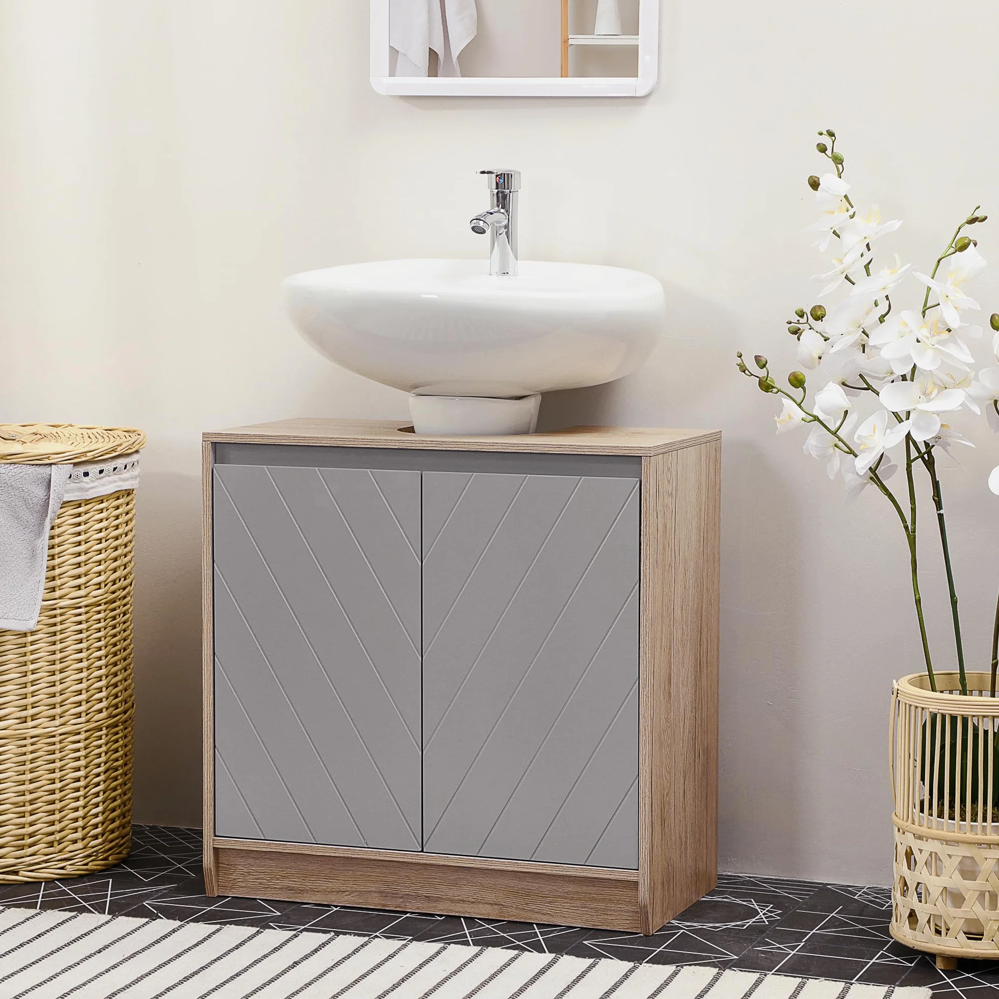 HOMCOM Szafka łazienkowa pod umywalką - Szafka pod umywalkę - 2-drzwiowa szafka z półką - N. 60L x 30 l x 59,8H cm - Płyta wiórowa jasny dąb szary