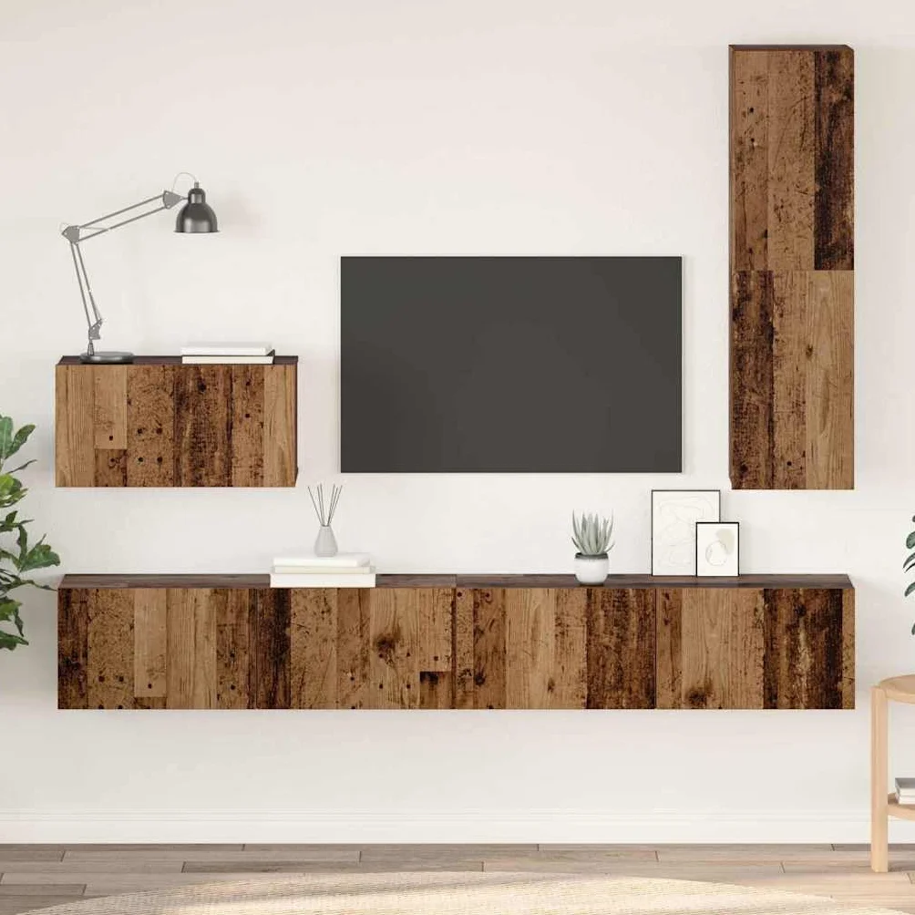 Szafka pod telewizor zestaw 4-częściowy, wygląd starego drewna, 200 x 30 x 30 cm, materiał drewnopochodny, montaż na ścianie, miejsce do przechowywania do salonu, konsola medialna