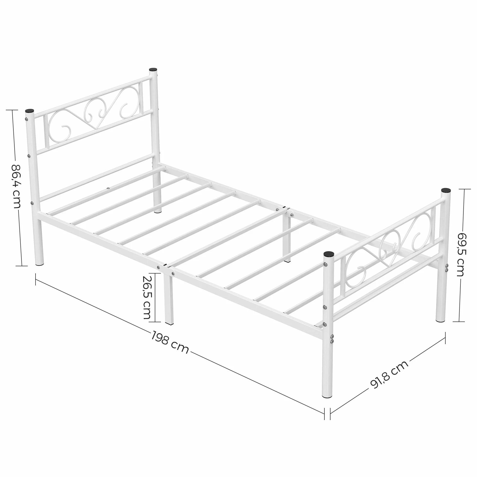 VASAGLE Łóżko 1-osobowe, metalowe pojedyncze łóżko, odpowiednie do materacy 190 x 90 cm, łatwy montaż, do małych przestrzeni, pokoju gościnnego, pokoju młodzieżowego, białe, RMB061W01