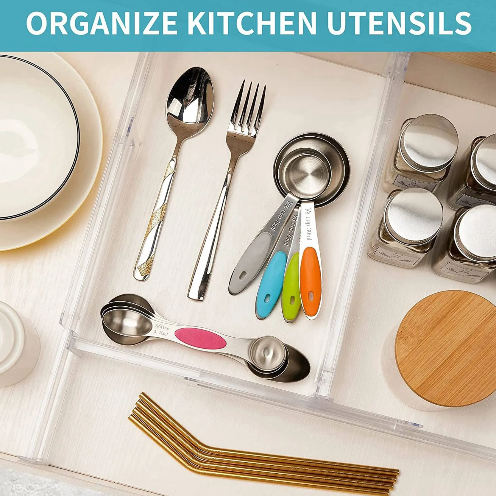 Przegródki do szuflad, 16 sztuk, regulowane 8 cm wysokości, możliwość rozszerzenia od 25-50 cm, organizer do szuflad kuchennych, przezroczysty plastik