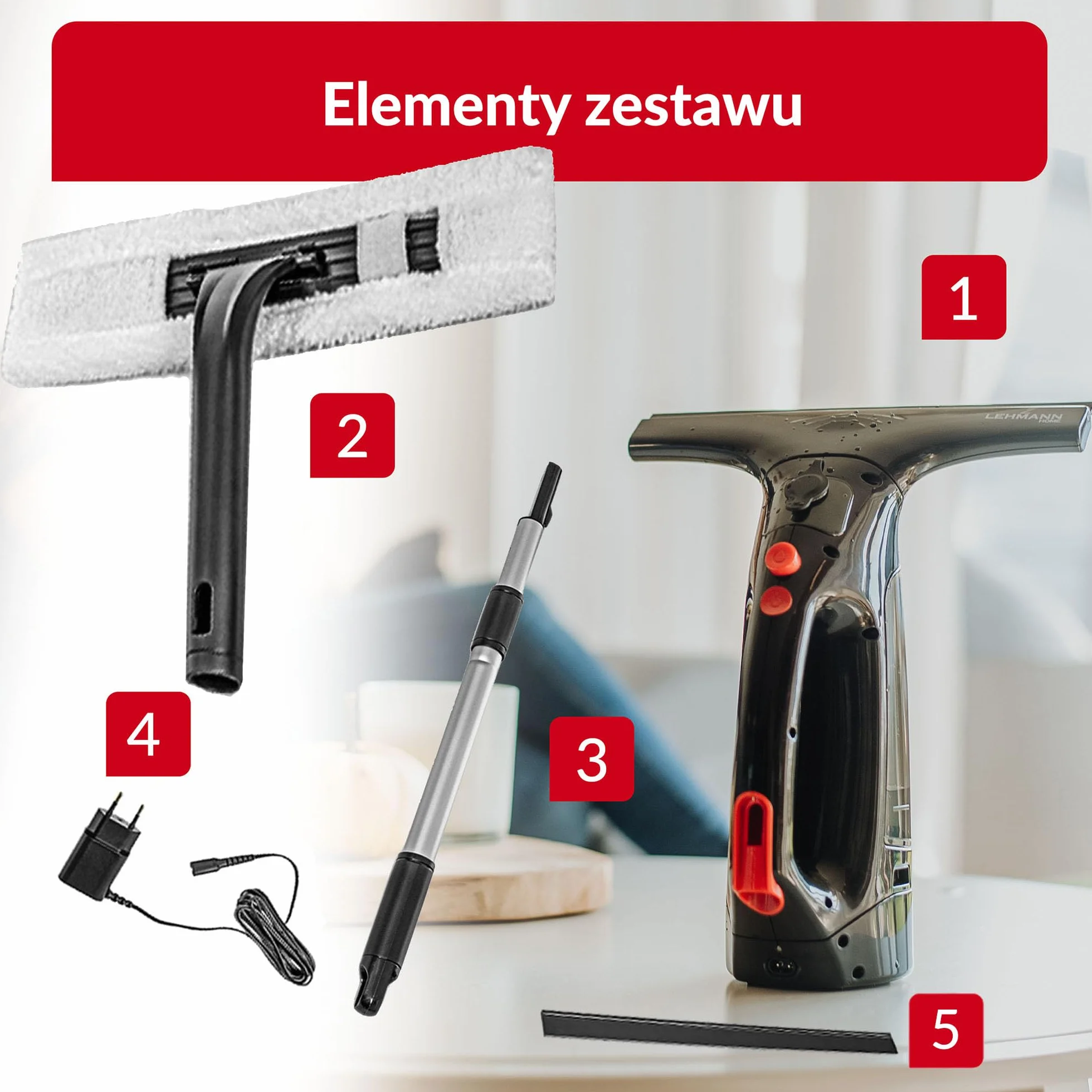 LEHMANN Sargo myjka do szyb z akumulatorem, czas pracy 25 min, szerokość mycia 25 cm, 75 m² do ładowania, zbiornik na brudną wodę 100 ml, regulowana teleskopowa lanca, ściereczka z mikrofibry