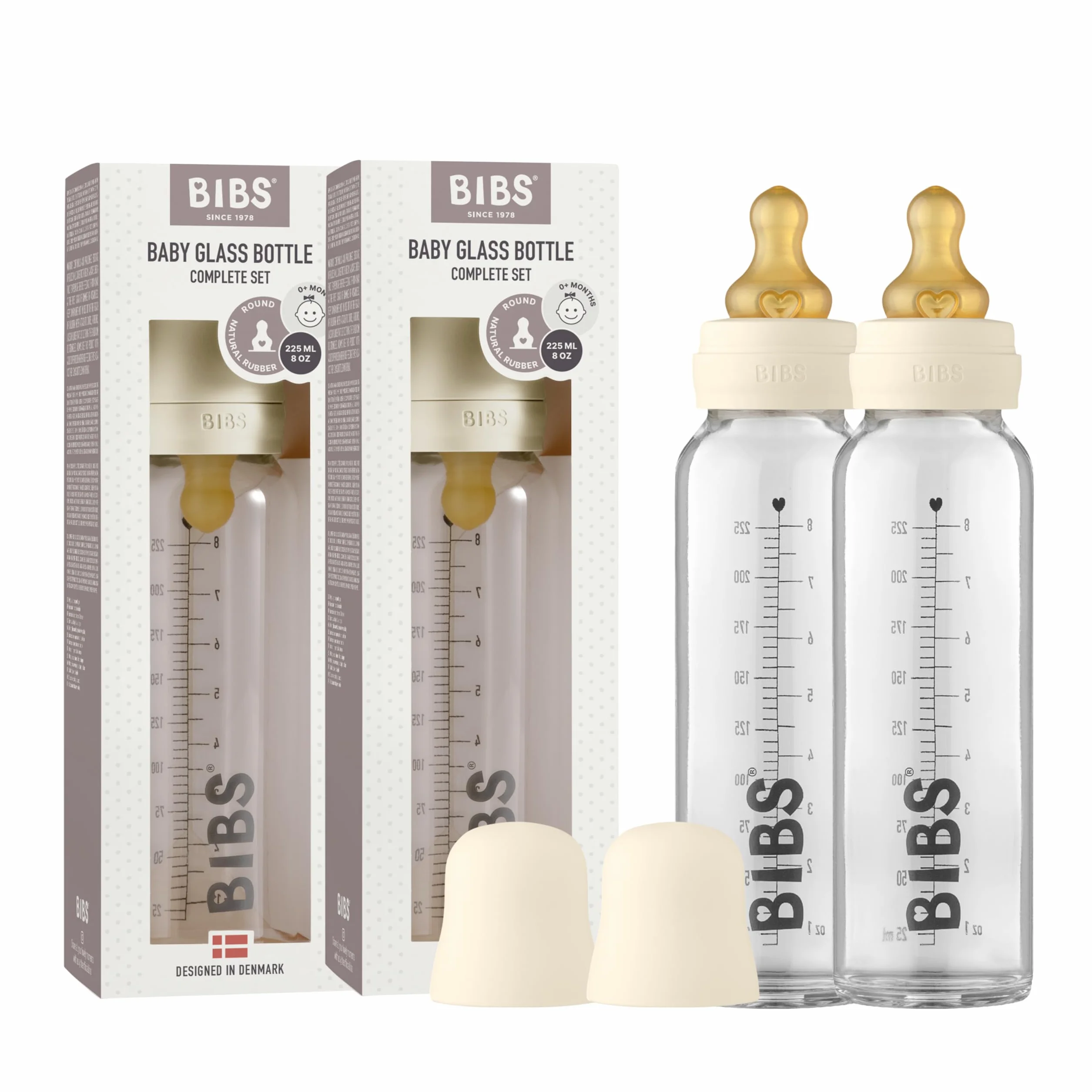 Butelka ze szkła BIBS. Antykolka, zestaw 2 szt. Okrągły smoczek z naturalnego lateksu kauczukowego, wspomaga naturalne karmienie piersią, kompletny zestaw - 225 ml (opakowanie 2), Ivory