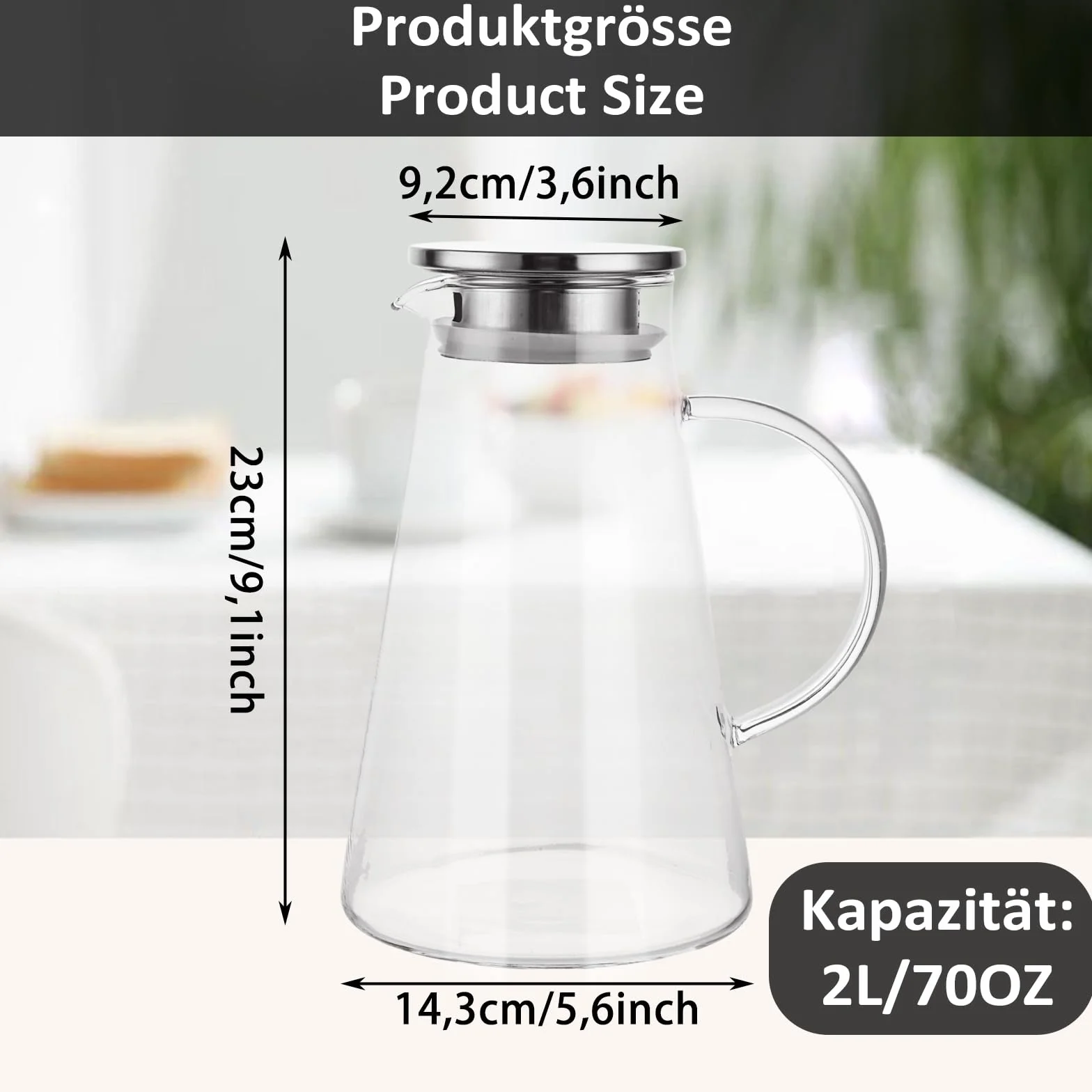 karafka na wodę 2 litry, szklany kufel z pokrywką, karafka szklany z pokrywką, szklana karafka do zimnych/gorących napojów, mrożonej herbaty, soków, mleka, kawy