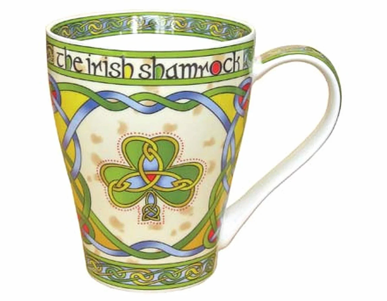 Royal Tara Zestaw 1 filiżanka do kawy z koniczyną irlandzką z celtyckimi węzłami – kubek do herbaty z porcelany kostnej – 385 ml i 1 nowa herbata śniadaniowa – irlandzki splot wielokrotnego użytku puszka 50 sztuk