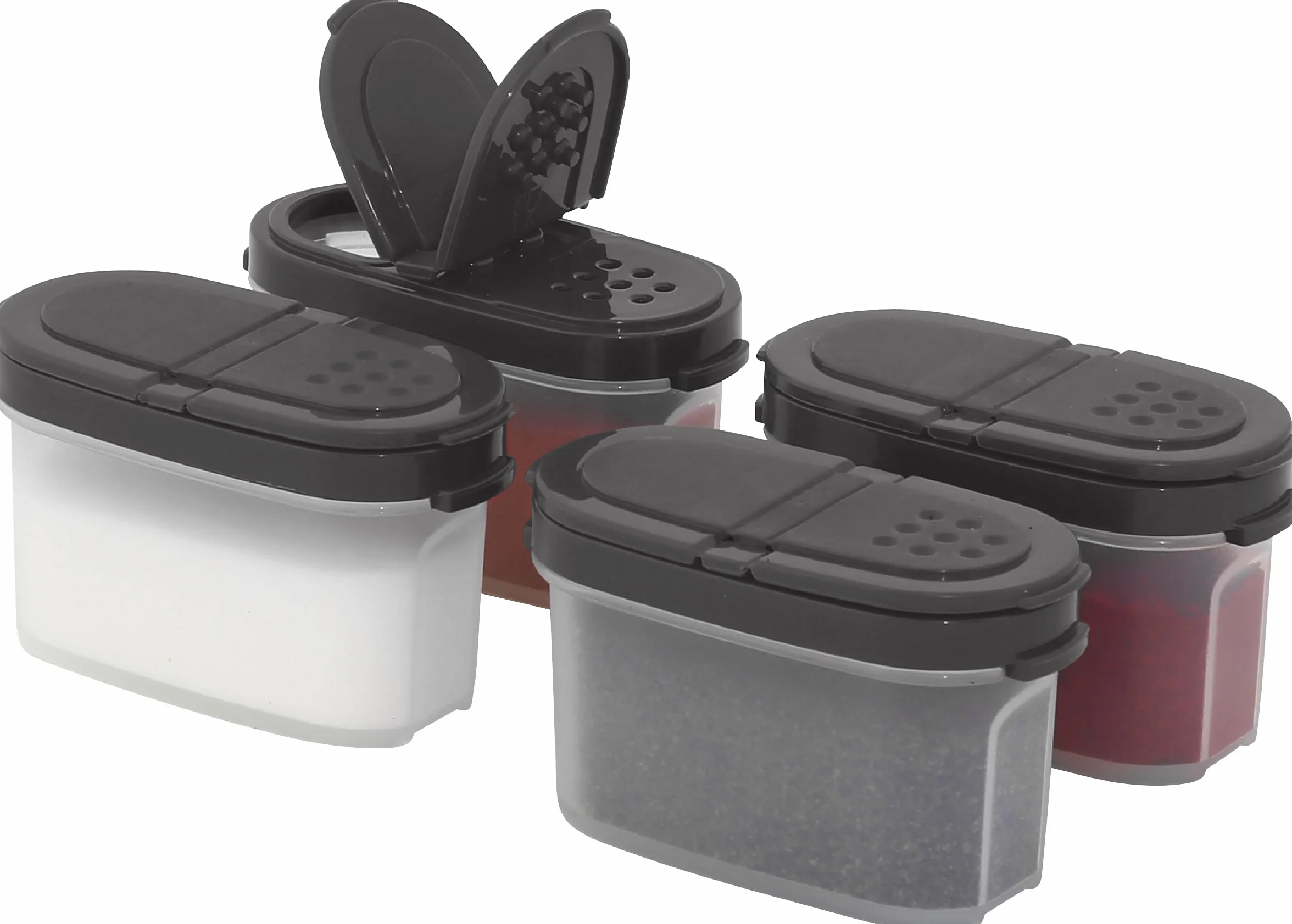 SIGNORA WARE Plastikowe pojemniki na przyprawy – zestaw 4 mini słoików na przyprawy do przechowywania przypraw, ziół, marynaty, cukru, soli, pieprzu – hermetyczne małe słoiki na przyprawy z 2