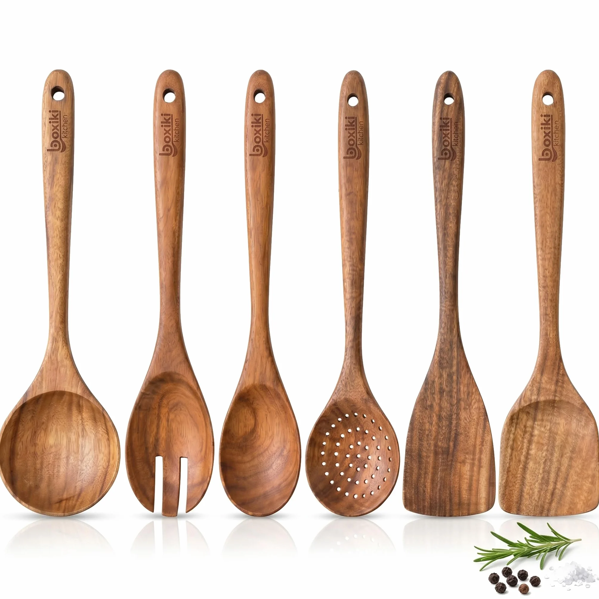 Boxiki Kitchen Luksusowy zestaw przyborów z drewna tekowego – elegancki 6-częściowy zestaw do gotowania zawierający łyżki, serwer, skrobak i szpatułkę – fachowo wykonany z myślą o doskonałości