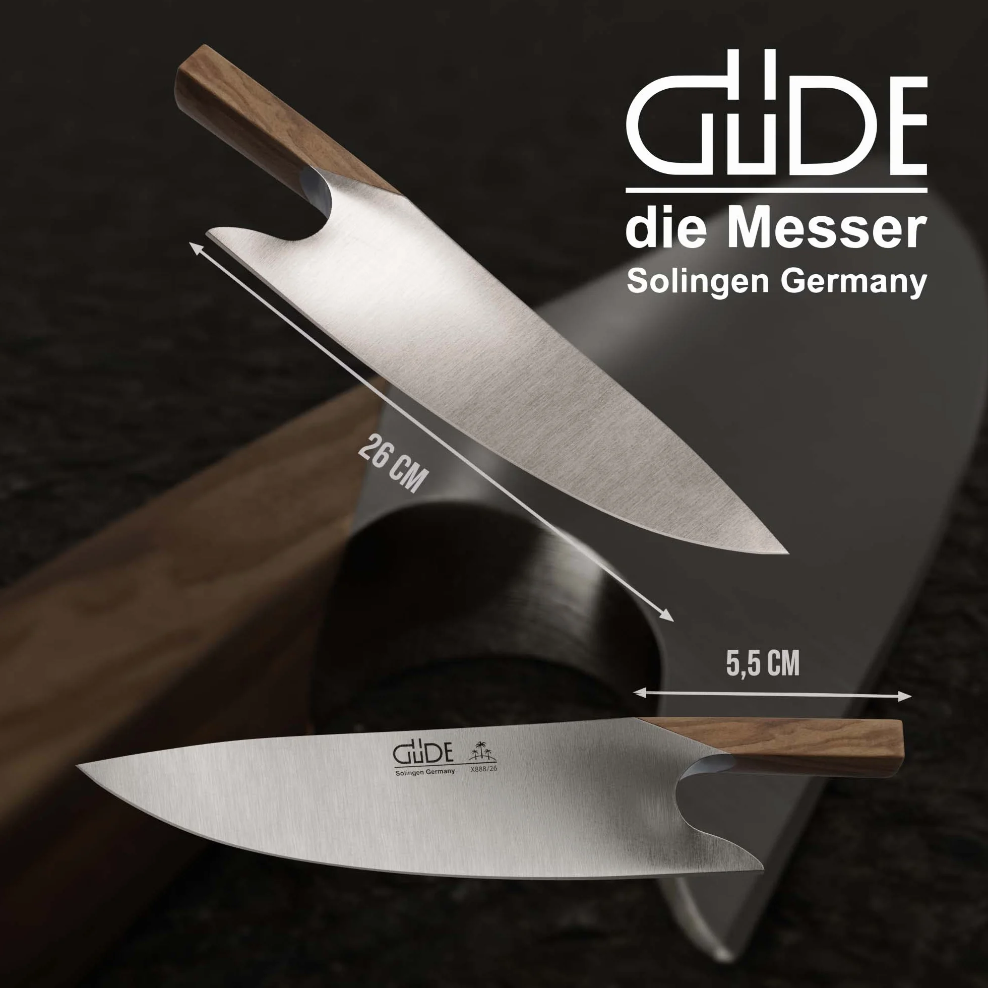 GÜDE Solingen - THE KNIFE kuty, 26 cm, drewno oliwne, Nóż szefa kuchni, Ręcznie robiony w Niemczech