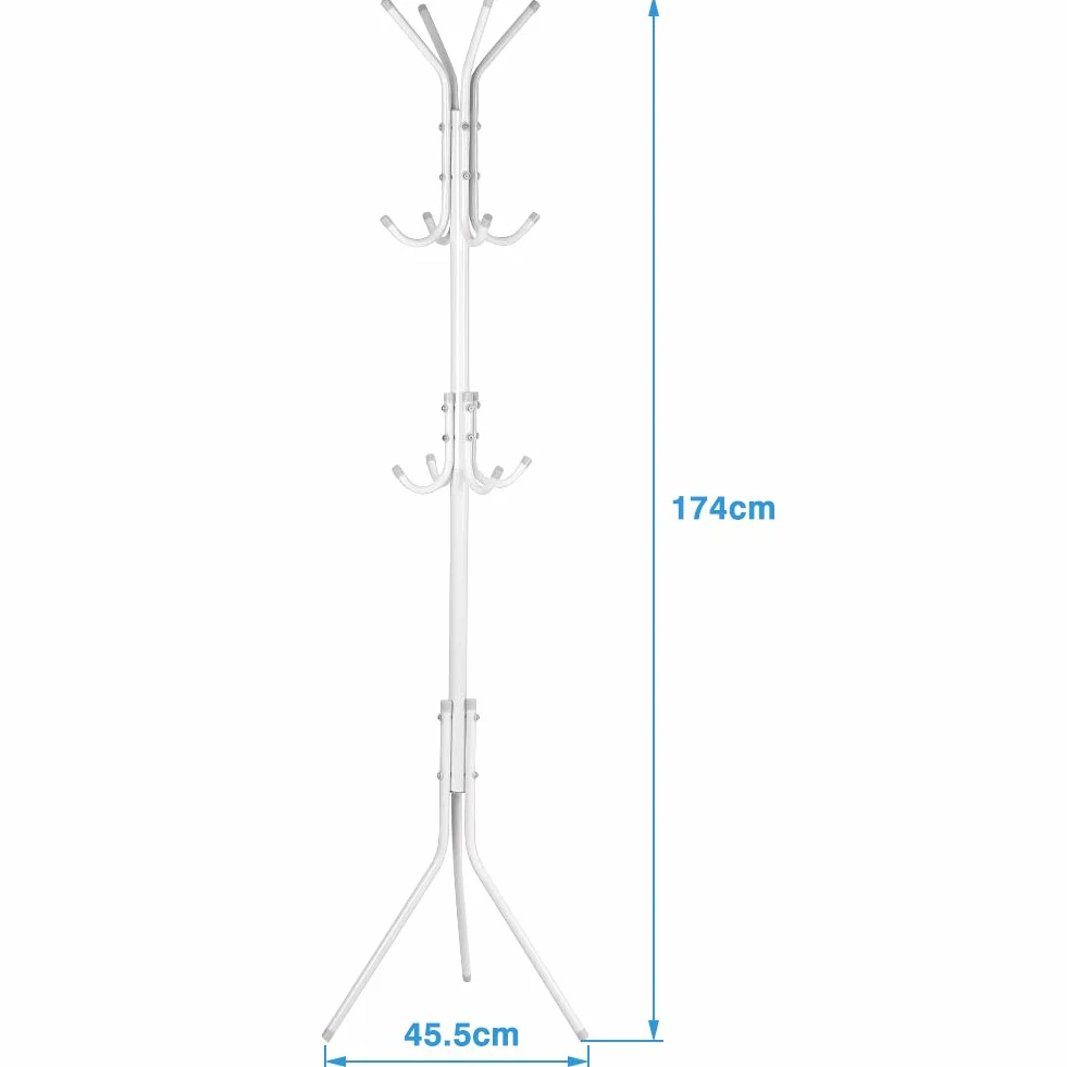 Cocoarm Wieszak garderobiany, wieszak na ubrania, wysokość 174 cm, stabilny stojak z metalu, 8 haków, do salonu, sypialni, biura (biały)