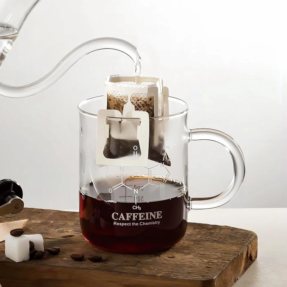 Kubek z kofeiną, kubek z kofeiną, naukowy kubek chemiczny ze szkła borokrzemianowego z uchwytem z podziałką i wylewką do soku z mleka Mocha Latte Cappuccino