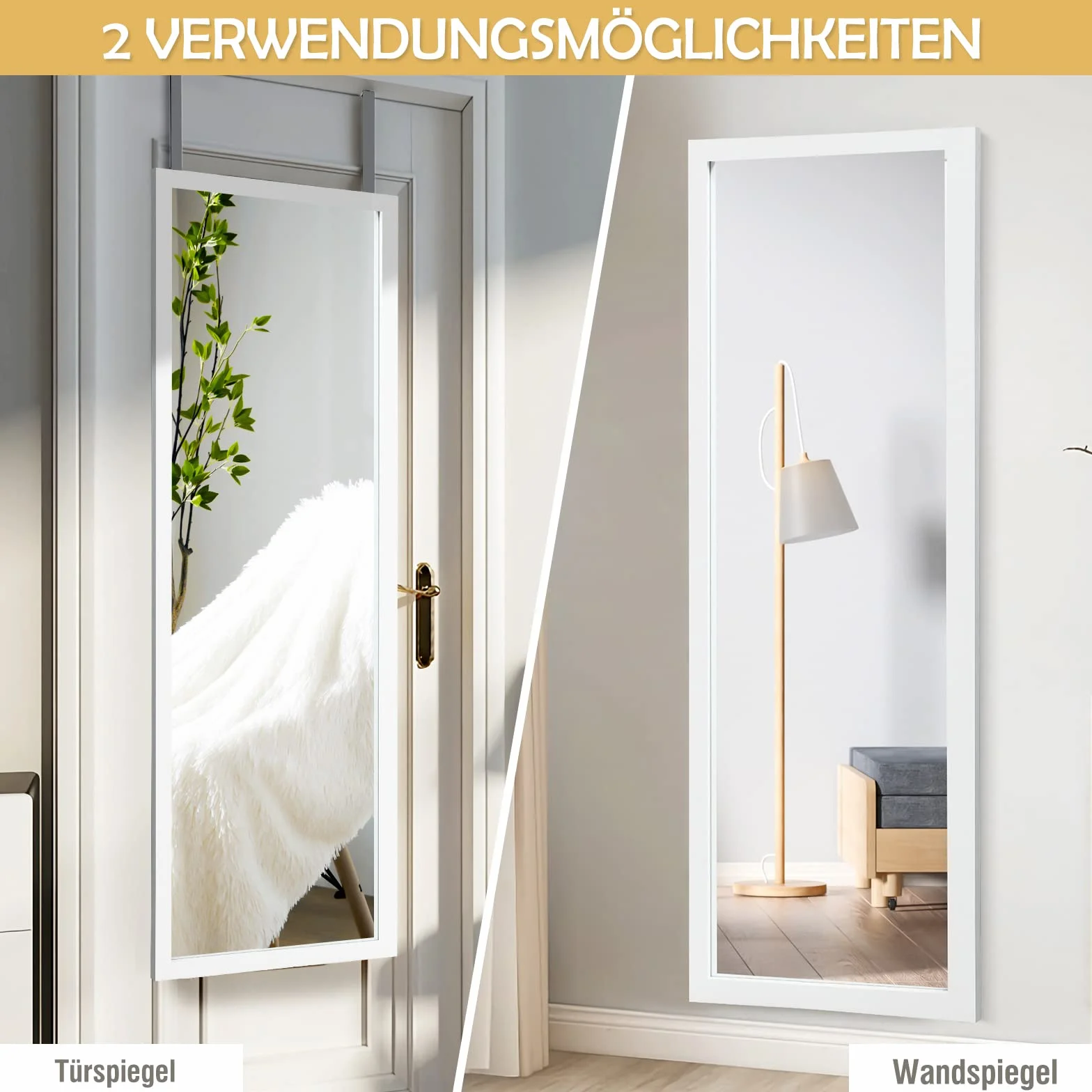 COSTWAY Lustro wiszące na drzwi lub ścianę, lustro pełnopostaciowe z regulowanymi wieszakami, lustro do sypialni, salonu i przedpokoju 120x37cm (Biały)