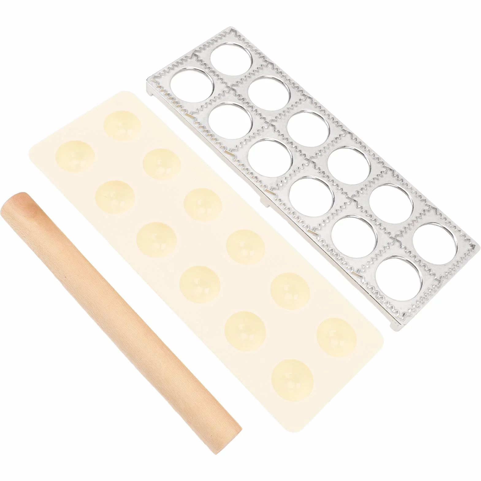 Omabeta Ravioli Maker Press Cutter Zestaw z 12 Otworami, Aluminium Aluminium Aluminiowe Producent Pierogów z 24,5 Cm 9,6 Cali Drewniany Wałek do Tworzenia Makaronu w Restauracji