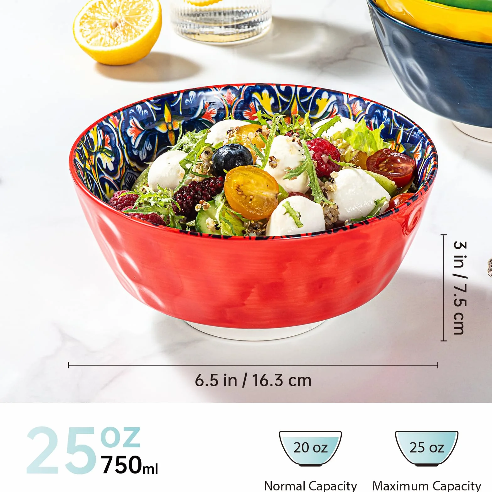 HENXFEN LEAD miseczki deserowe, miska do zupy 750 ml, porcelanowa miska sałatkowa, ceramiczna na lody, ryż, deser itp. Kolorowa, opakowanie 6 sztuk - styl bohemski