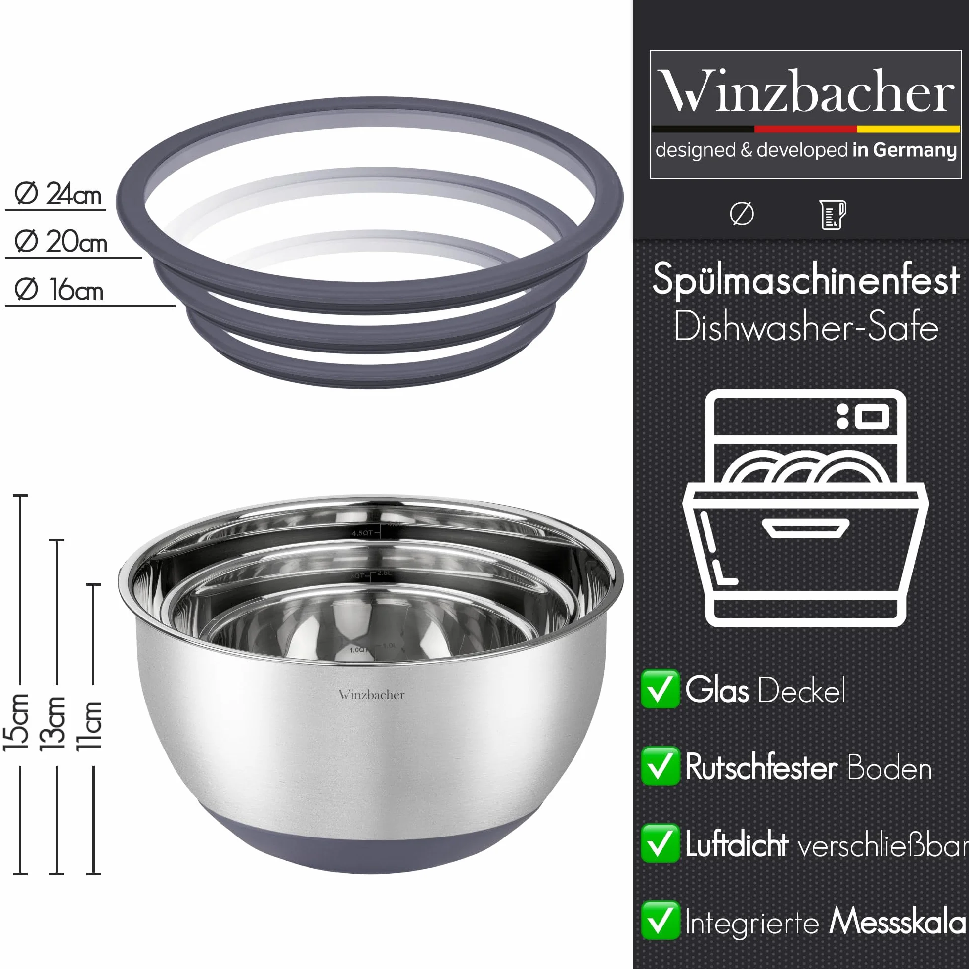 Winzbacher Miska ze stali nierdzewnej ze szklaną pokrywką [3-częściowy zestaw] 1 l + 2,5 l + 4,5 l | miska do mieszania, miska do sałatki, zestaw misek, antypoślizgowa, możliwość układania w stos
