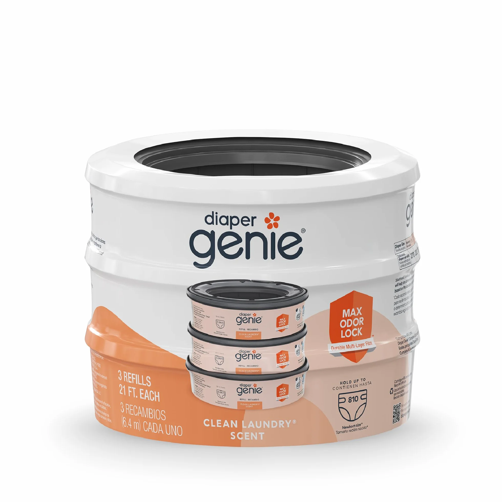 Diaper Genie Wkłady do torebek, 270 szt. (3 sztuki) czysty zapach prania, wkłady do wiader na pieluchy z maksymalną blokadą zapachu, pomieści do 810 pieluch dla noworodków