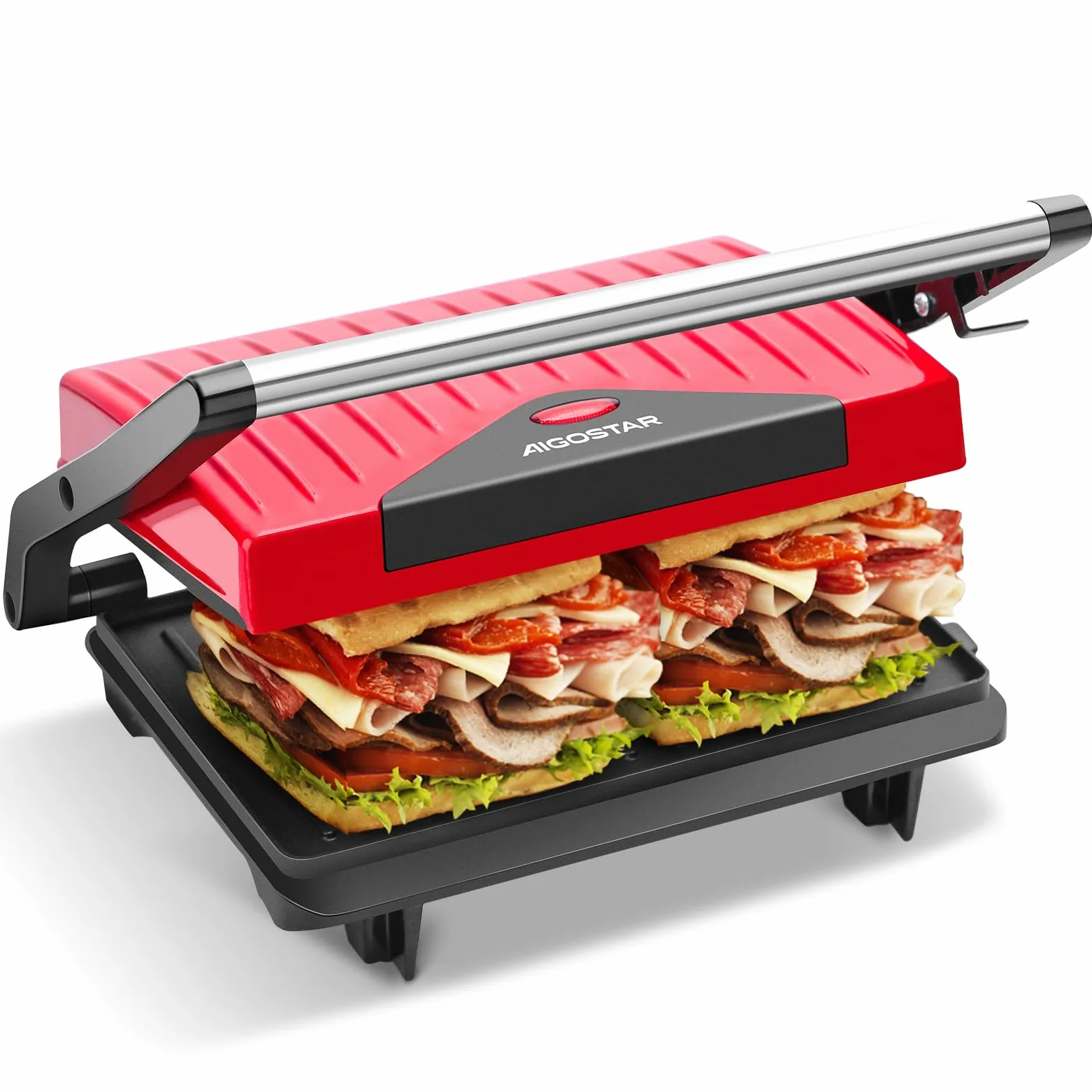 Aigostar Warme 30HHH – Opiekacz Panini/Grill kontaktowy, 700 W, Nienagrzewająca się rączka, Powłoka nieprzywierająca, Wskaźnik pracy, bez BPA, Czerwony, Ekskluzywny Design.