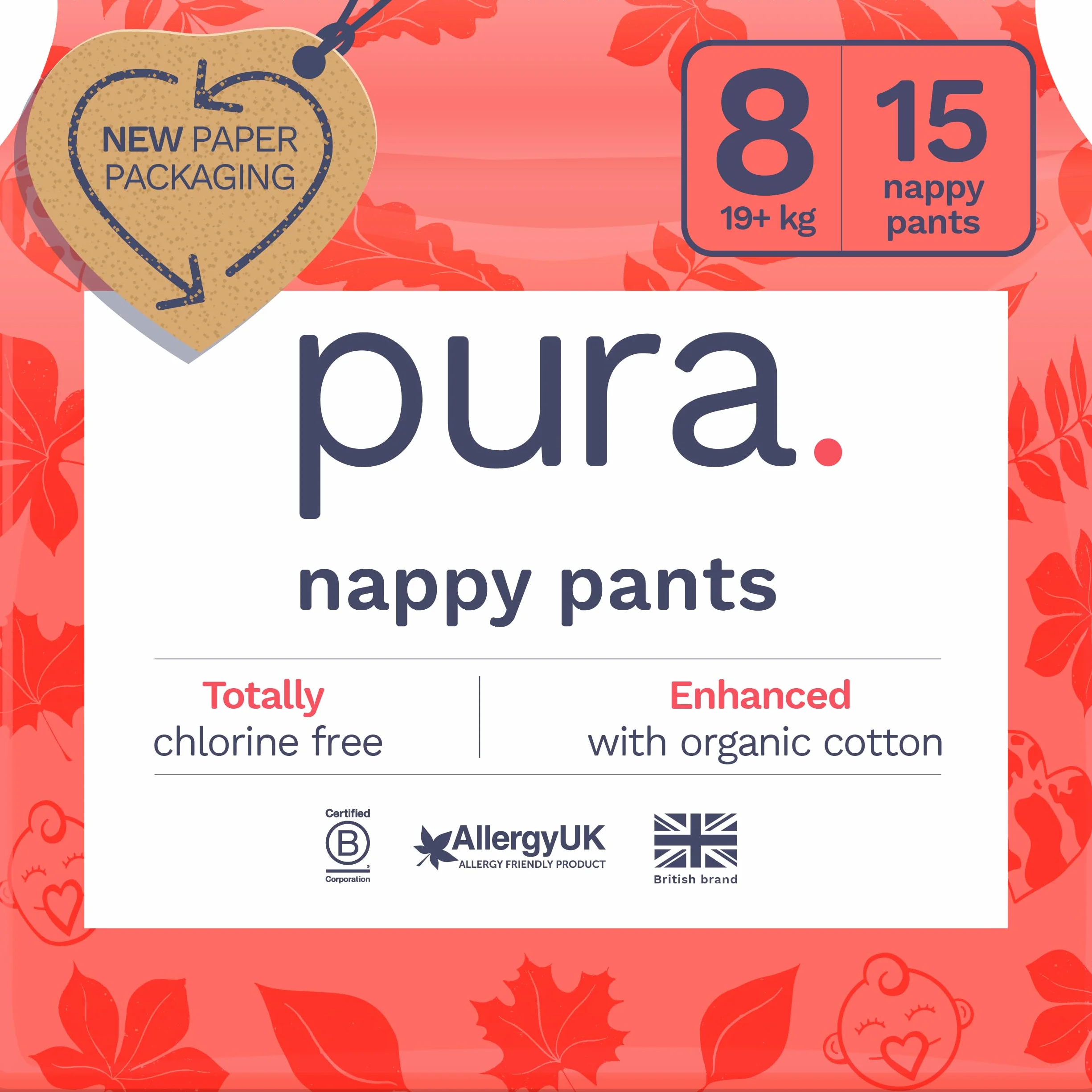 Pura Eco Nappy Pants - rozmiar 8 (19 kg+), 15 nóżek, odpinane szelki dla wrażliwej i alergicznej skóry, hipoalergiczne, bez zapachu, z łatwym bokiem