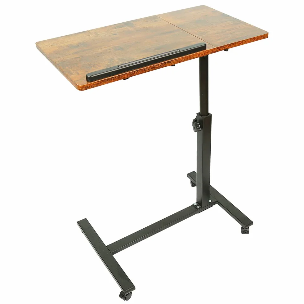 HUOLE Stolik na laptopa z regulacją wysokości z 4 kółkami obrotowymi, biurko na laptopa z automatyczną dźwignią do sypialni, biura, 60 x 34,5 x 58-90 cm (brązowy)