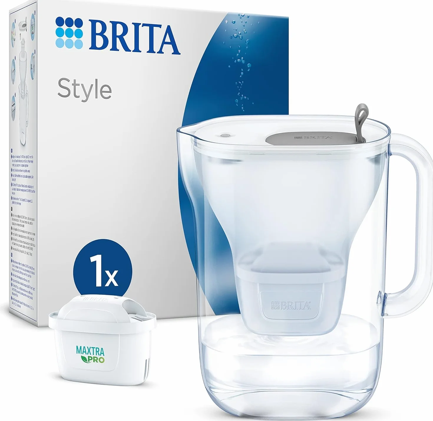 BRITA Dzbanek filtrujący styl szary (2,5 l) z 1 wkładem filtrującym do wody z kranu MAXTRA PRO All-in-1 redukuje PFAS*, wapień, chlor, niektóre zanieczyszczenia i metale wskaźnik czasu i objętości