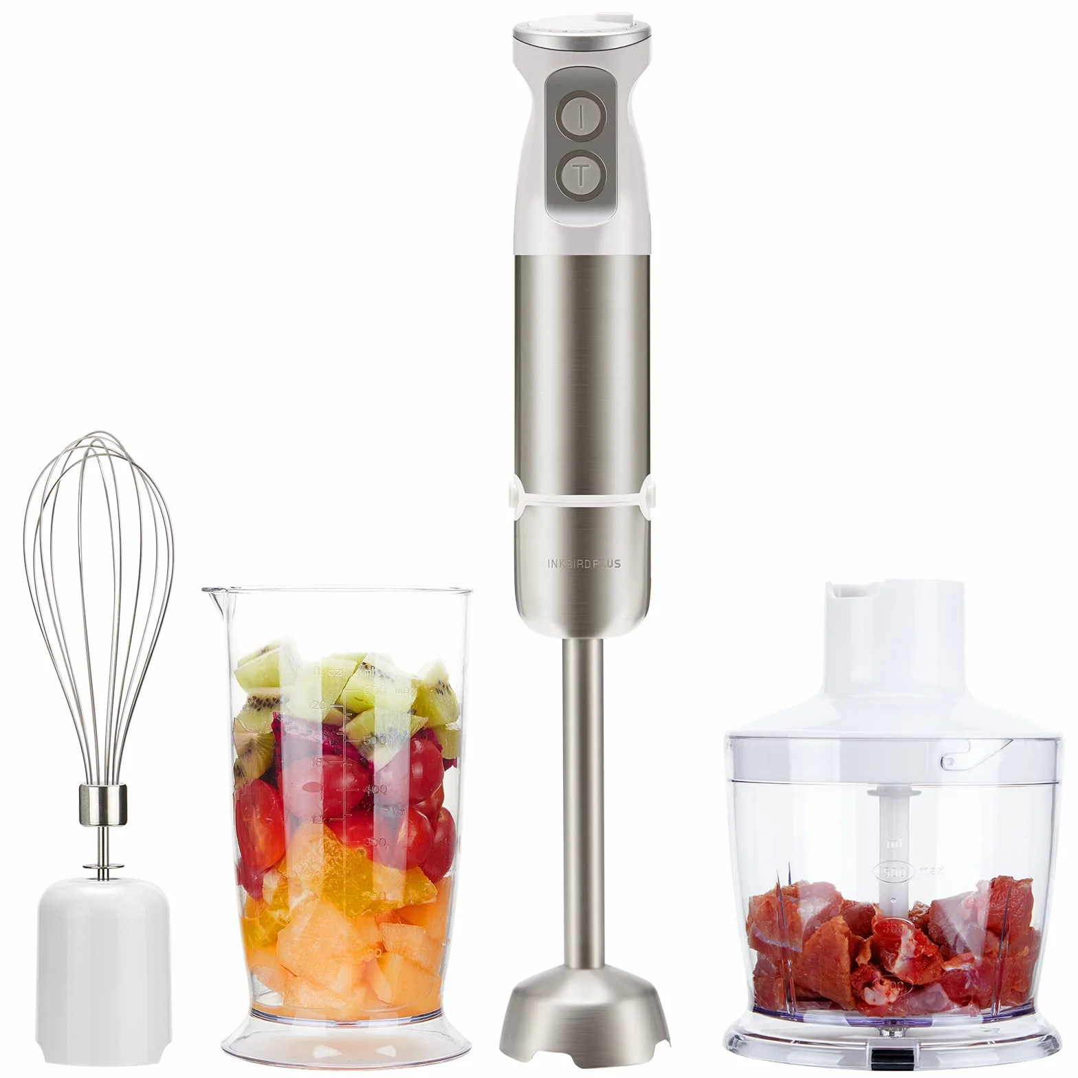 Inkbird Zestaw blendera ręcznego, 4 w 1, elektryczny blender ręczny z 6 sześcioma regulowanymi stopniami, zestaw blendera immersyjnego o mocy 600 W z kubkiem o pojemności 600 ml, miotełką do