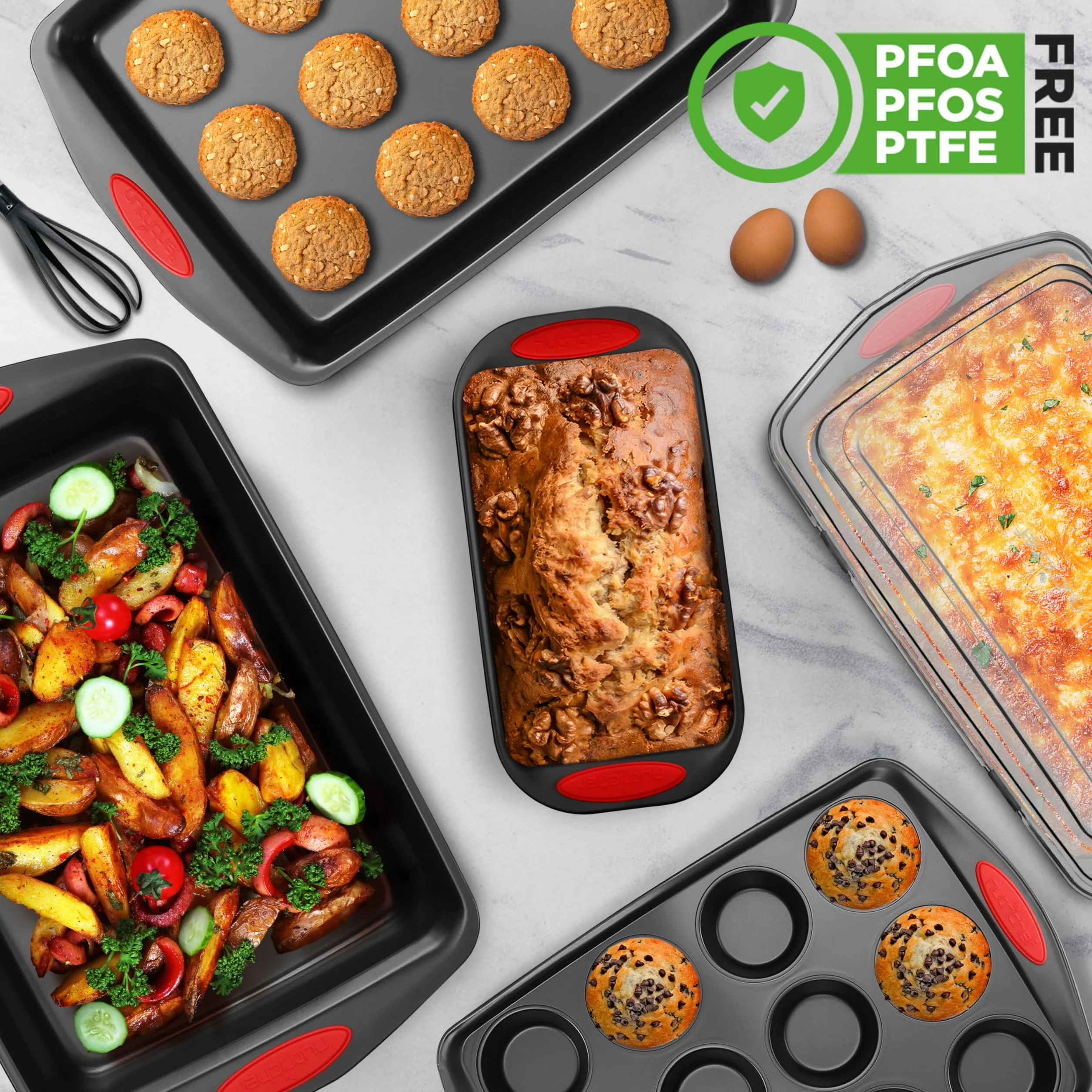 NutriChef 6-częściowy zestaw do pieczenia z powłoką nieprzywierającą - Premium akcesoria do pieczenia ze stali węglowej z silikonowymi uchwytami - Zawiera 2 formy do pieczenia, 12 foremek do muffinek