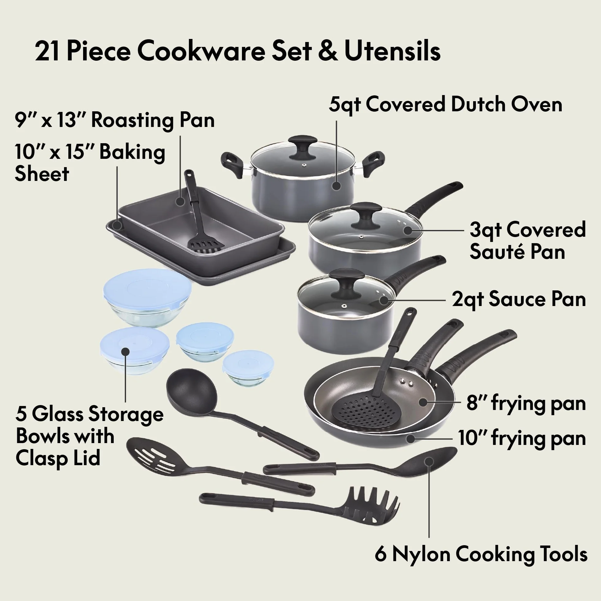 BELLA 17251 21-częściowy zestaw przyborów kuchennych do pieczenia i przechowywania, aluminium szkło nylon, czarny