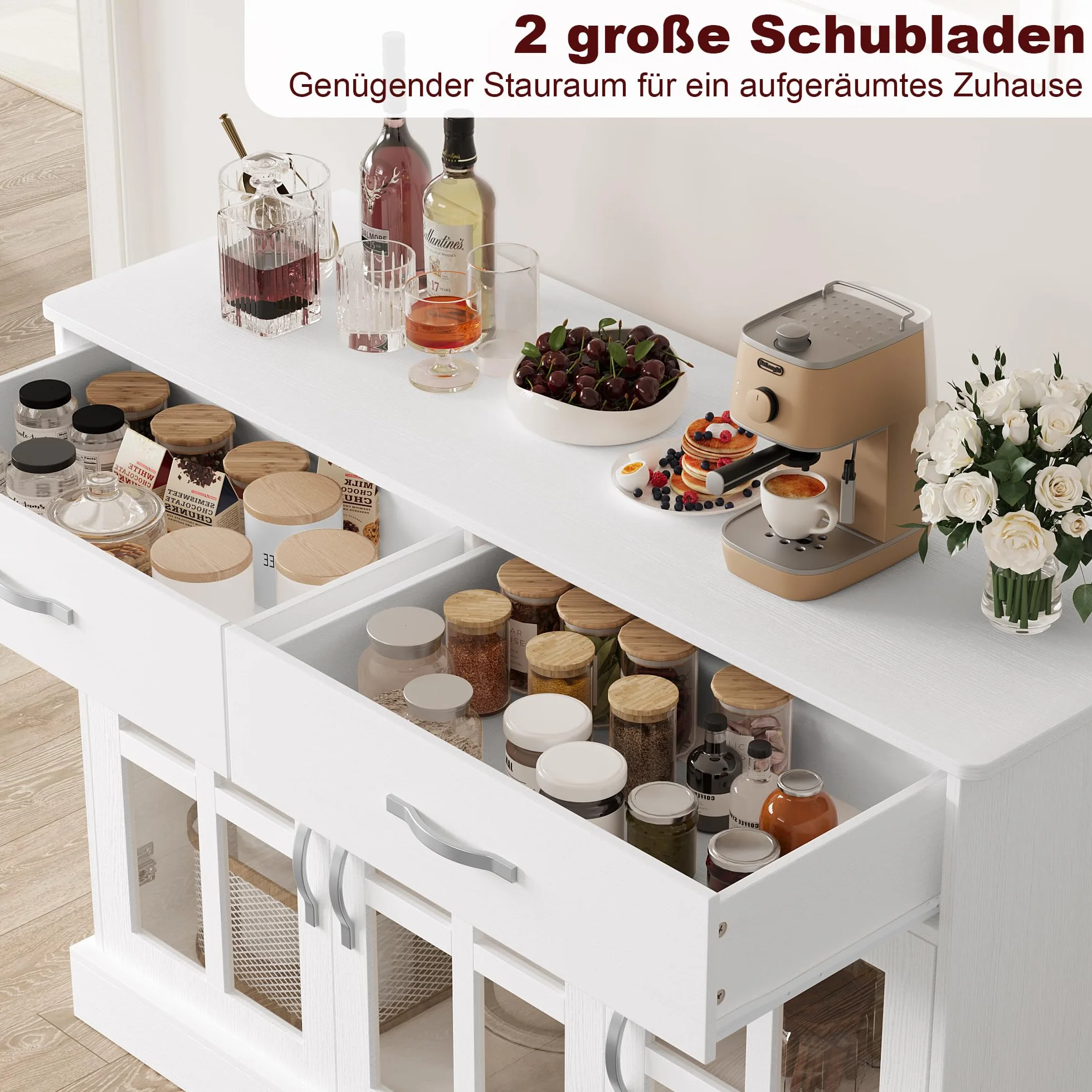 FirFurd Szafka kuchenna, kredens z 3 szklanymi drzwiami i 2 szufladami, szafka bufetowa, drewniana szafka do przechowywania, do salonu, jadalni, korytarza, 120 x 84 x 40 cm