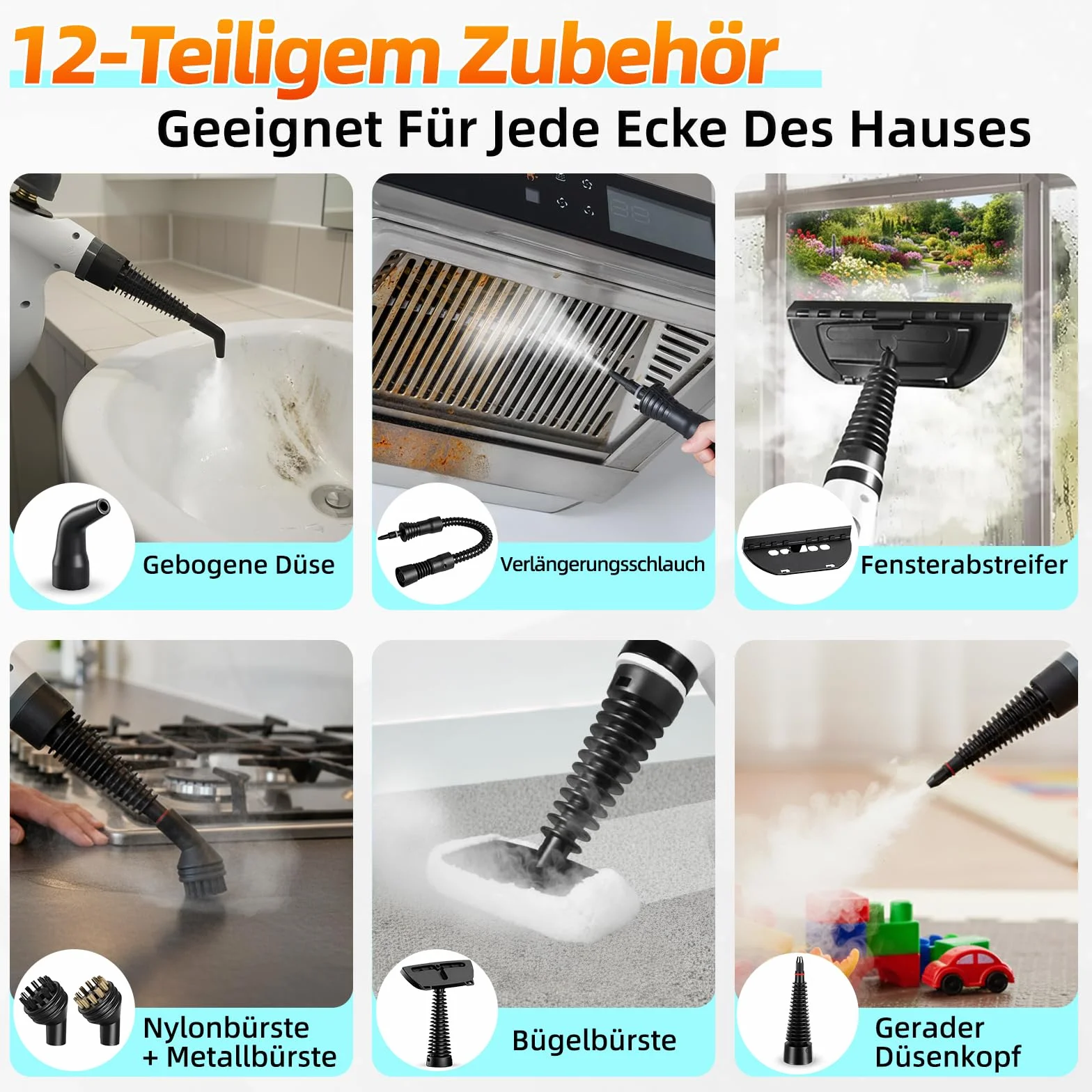 Myjka parowa, ręczna myjka parowa do domu, wielofunkcyjna, z 12-częściowymi akcesoriami, ciśnienie pary 3,5 bar, 350 ml, 1050 W, bezchemiczna myjka parowa, czyszczenie kuchni, podłóg, płytek, sof