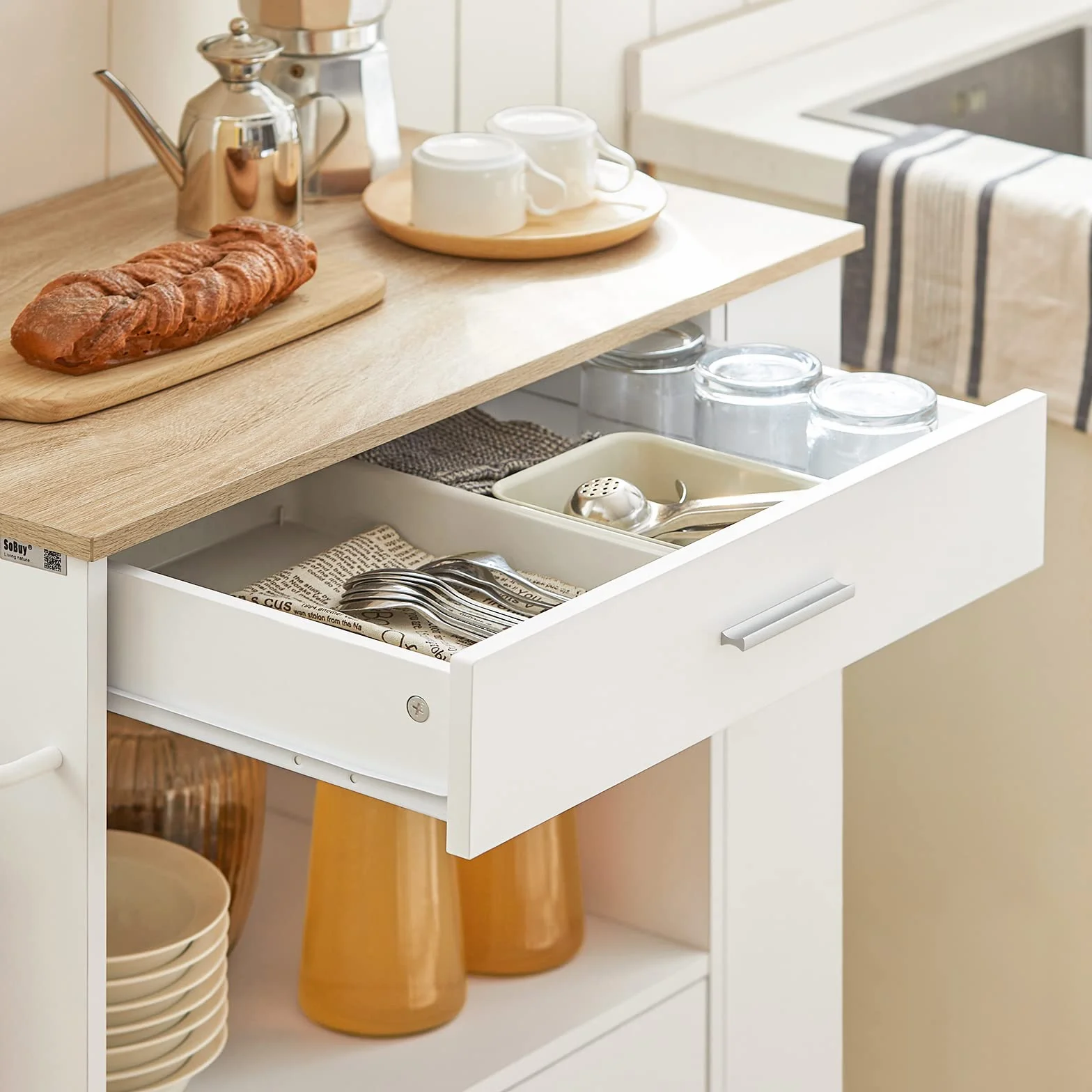 SoBuy FKW113-WN Wyspa kuchenna Stolik Barek Kuchenny Wózek Barek Mikrofalową na Kółkach Szafka Mobilna Kredens (Biały)