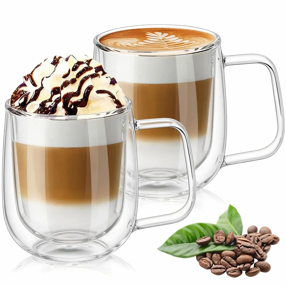 Vicloon Kubki szklanki o podwójnych ściankach, 2 kawałki kubki ze szkła borokrzemowego 250 ml, do herbaty, kawy, latte, cappuccino, espresso, piwa