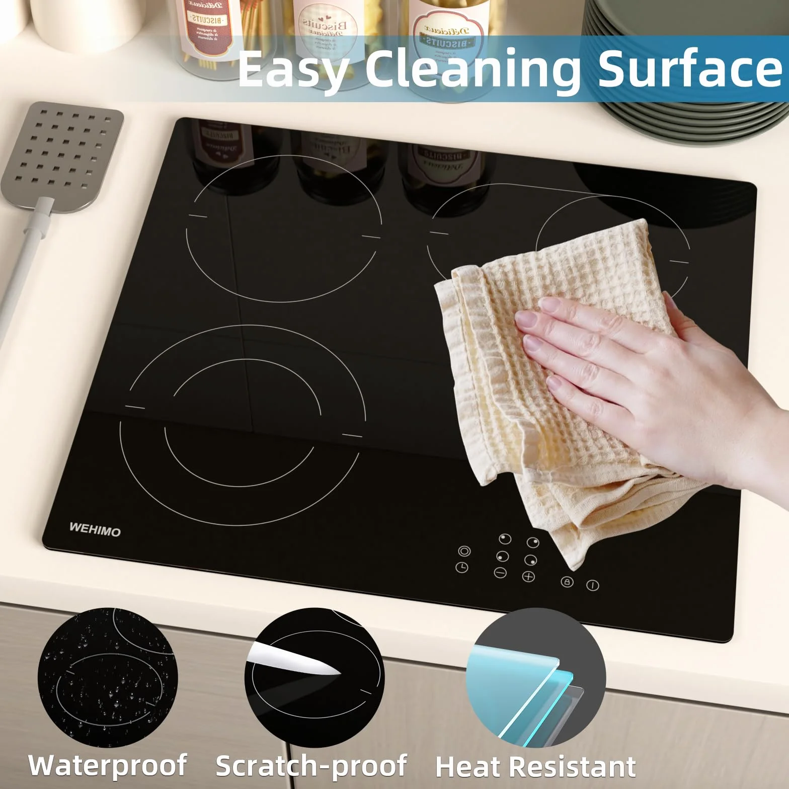 WEHIMO Płyta grzewcza ze szkła ceramicznego, 4 płyty, płyta szklano-ceramiczna 60 cm, 7200 W, 4 strefy grzewcze z podwójną strefą grzewczą, 9 stopni, zabezpieczenie przed dziećmi, timer, do zabudowy