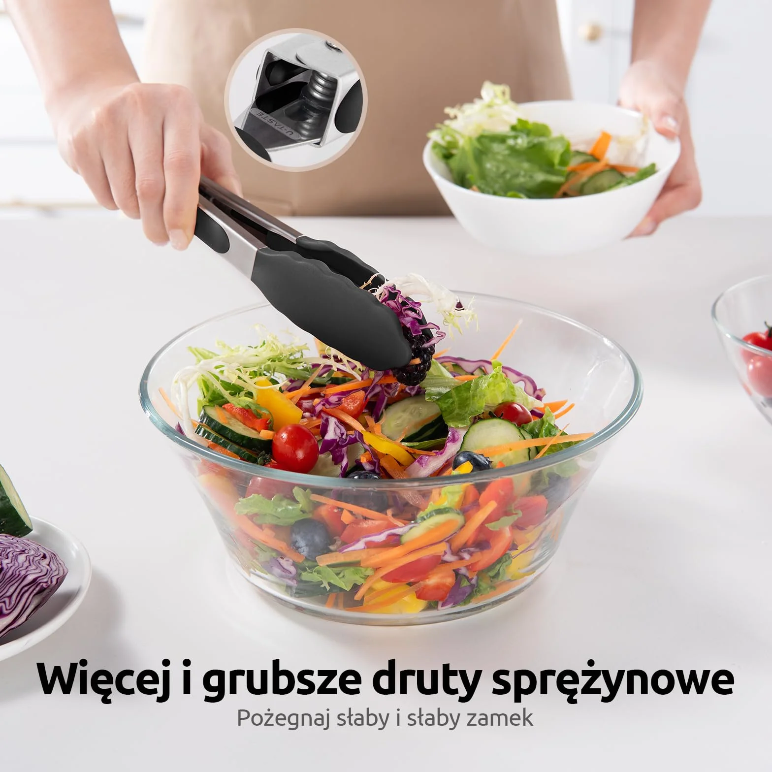 U-Taste Szczypce kuchenne silikonowe 18cm: żaroodporne do 250℃ szczypce do gotowania z mocno uszczelnionymi antyprzylepnymi gumowymi końcówkami i pokrytą silikonem stalową rączką i gładkim zamknięciem