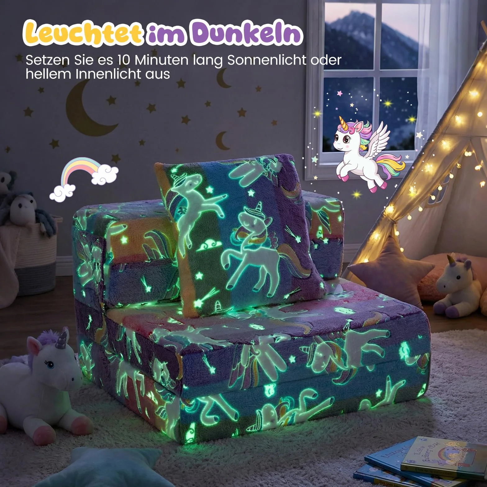COSTWAY Sofa dziecięca 3 w 1 świecąca w ciemności, składany fotel z poduszką i zdejmowanym pokrowcem, wyściełana sofa do zabawy z funkcją spania do pokoju dziecięcego, kolorowy