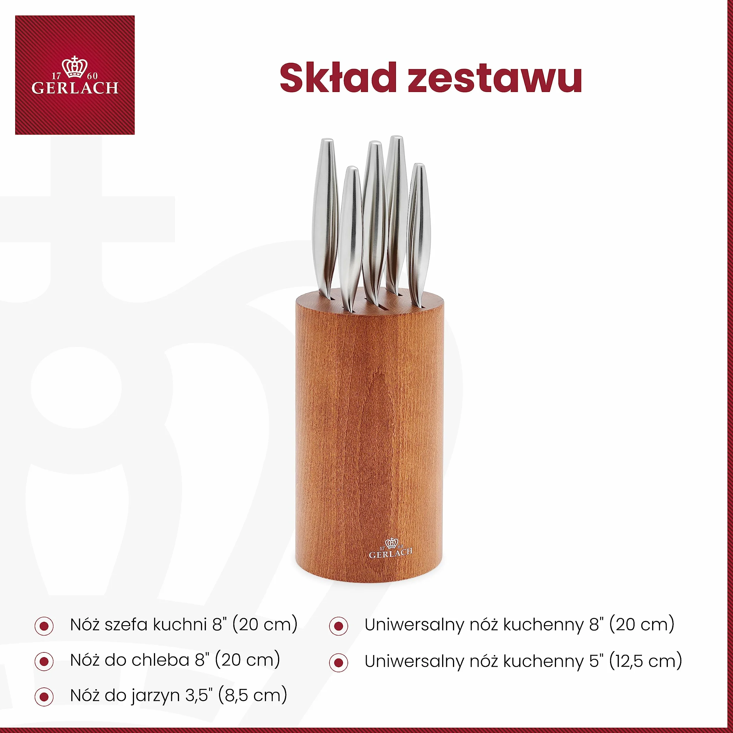 Gerlach Fine Zestaw Noży W Bloku Z Drewna Bukowego Do Kuchni 5 rodzajów Ostrza Stal Nierdzewna Drewno Bukowe Nóż Kuchenny Szefa Do Chleba Jarzyn
