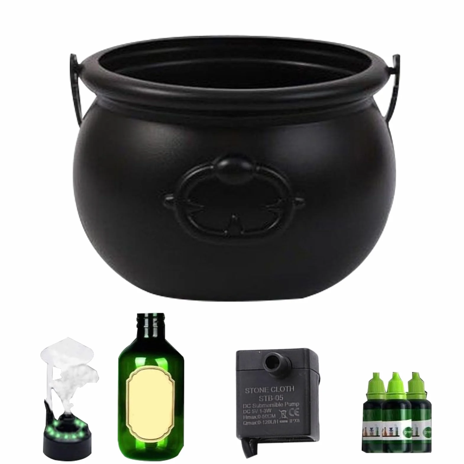 Cauldron Diffuser, Halloween Witch Pot Jar, Bubbling Black Cauldron with Floating Potion Bottles, Spooky Outdoor Decor for Entryway, Yard, Backyard, Holiday, 10.24 Inches