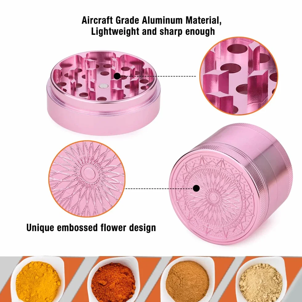 Herb Grinder, aluminiowy młynek premium 2,5 cala (63mm) z wytłoczonym kwiatem, 4-częściowy, duży młynek ze skrobakiem do pyłków (różowy)