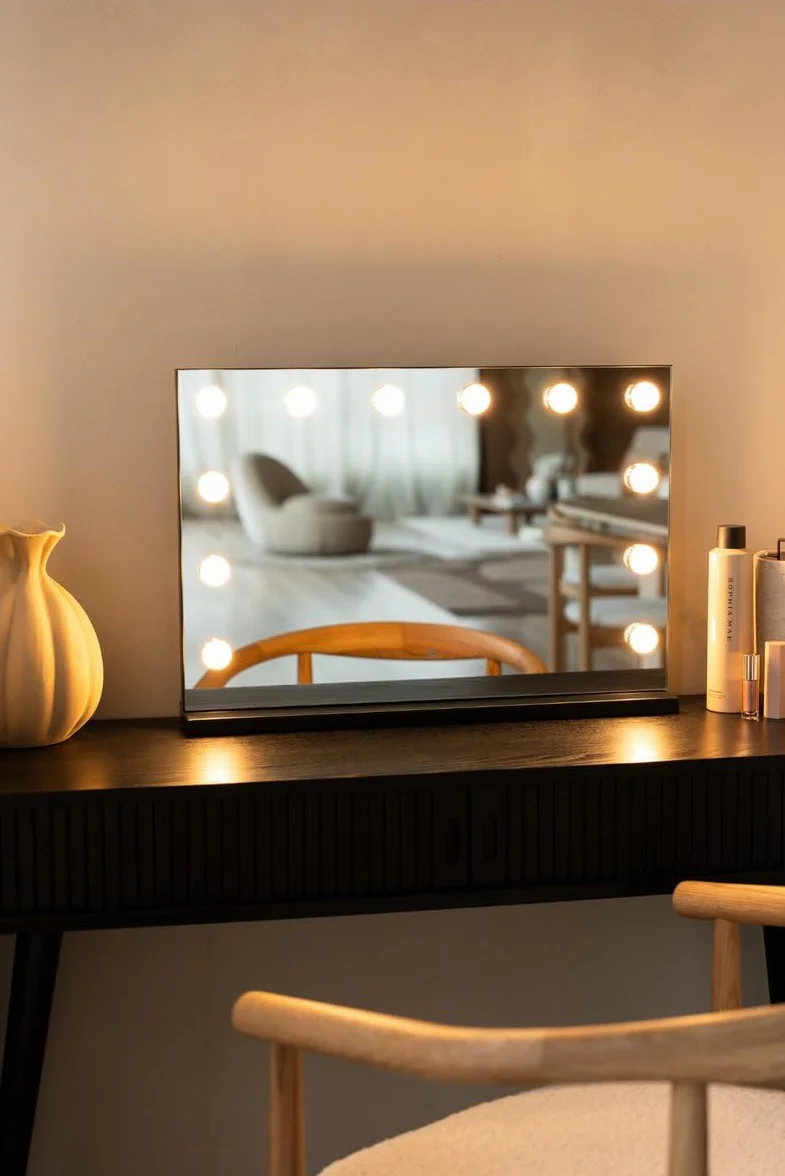 SensaHome Lustro Toaletkowe Pro - Hollywoodzkie Lustro do Makijażu z 12 Regulowanymi Lampami LED, 3 Tryby Światła, 60x40cm - Czarny