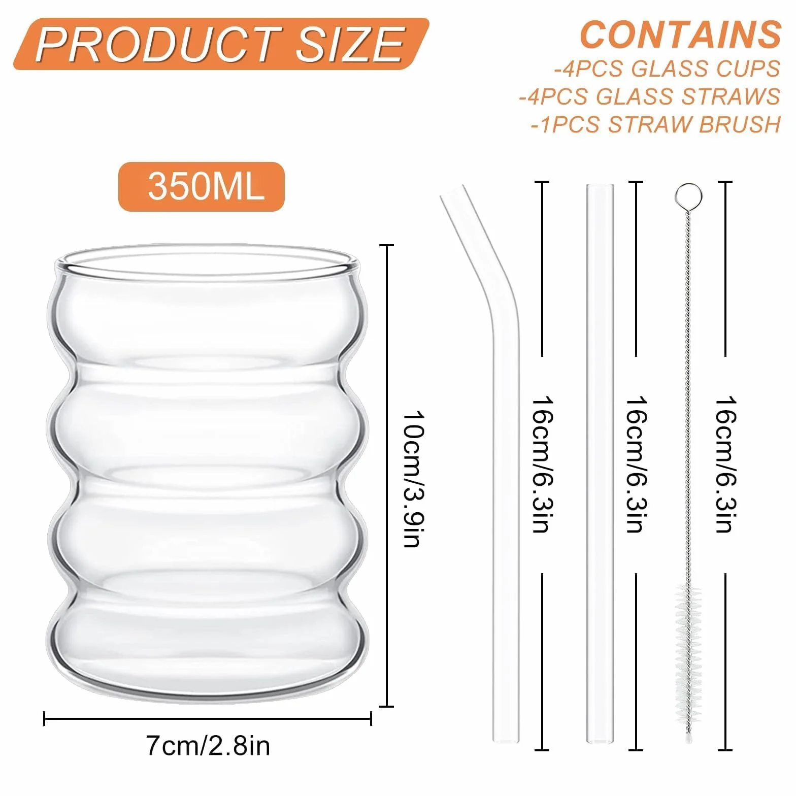 Bubble szklanki 350 ml ze słomką, zestaw 4 żebrowanych szklanek | Do Latte Macchiato, kawy mrożonej, whisky, koktajli, jogurtu, kawy z sodą – żebrowane szklanki 350 ml ze słomką, zestaw 4