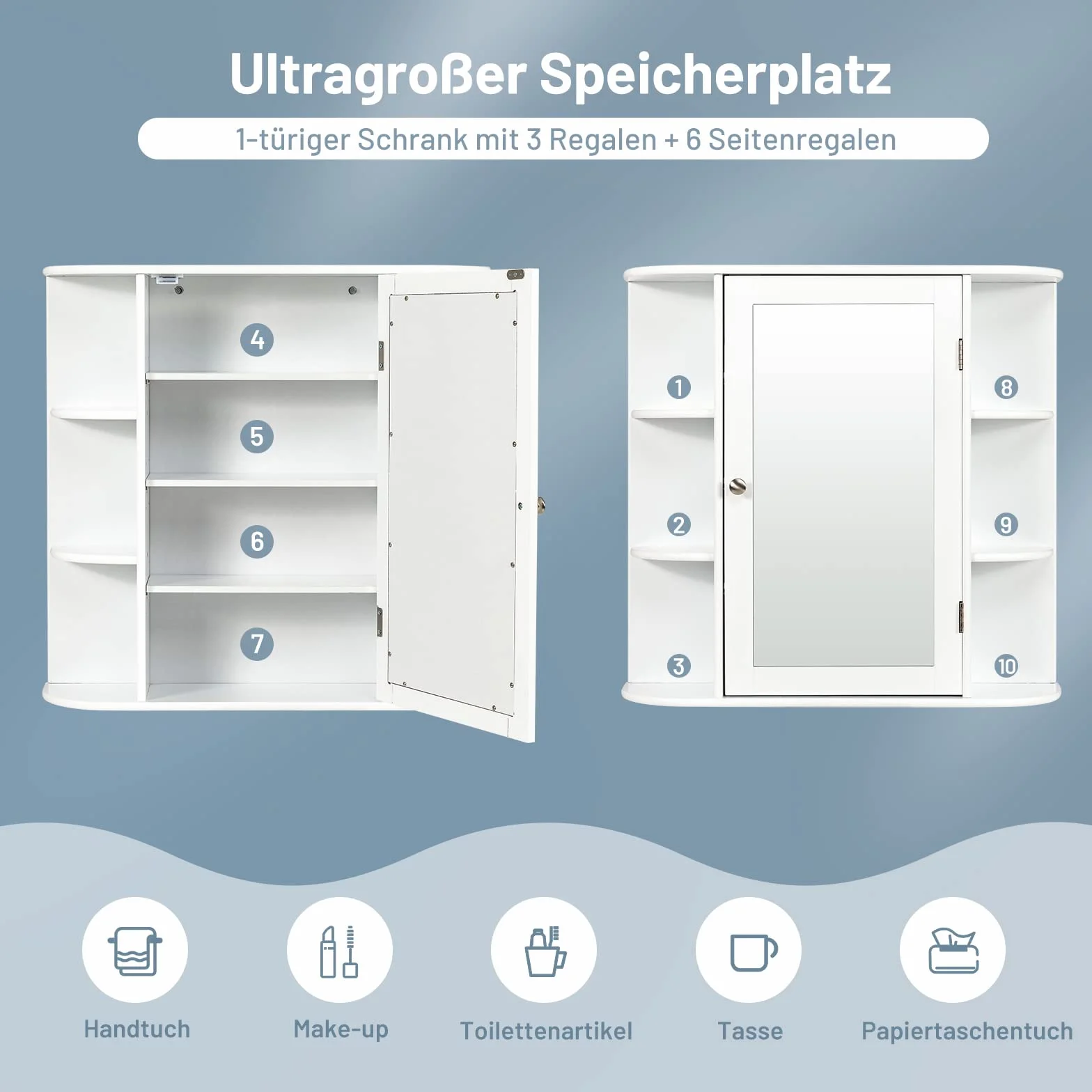 COSTWAY Wisząca Szafka Łazienkowa z Lustrem, 4 Zamykane Półki i 6 Otwartych, Drewniana, 66 x 17 x 63 cm, Biała – Duża Przestrzeń i Nowoczesny Design