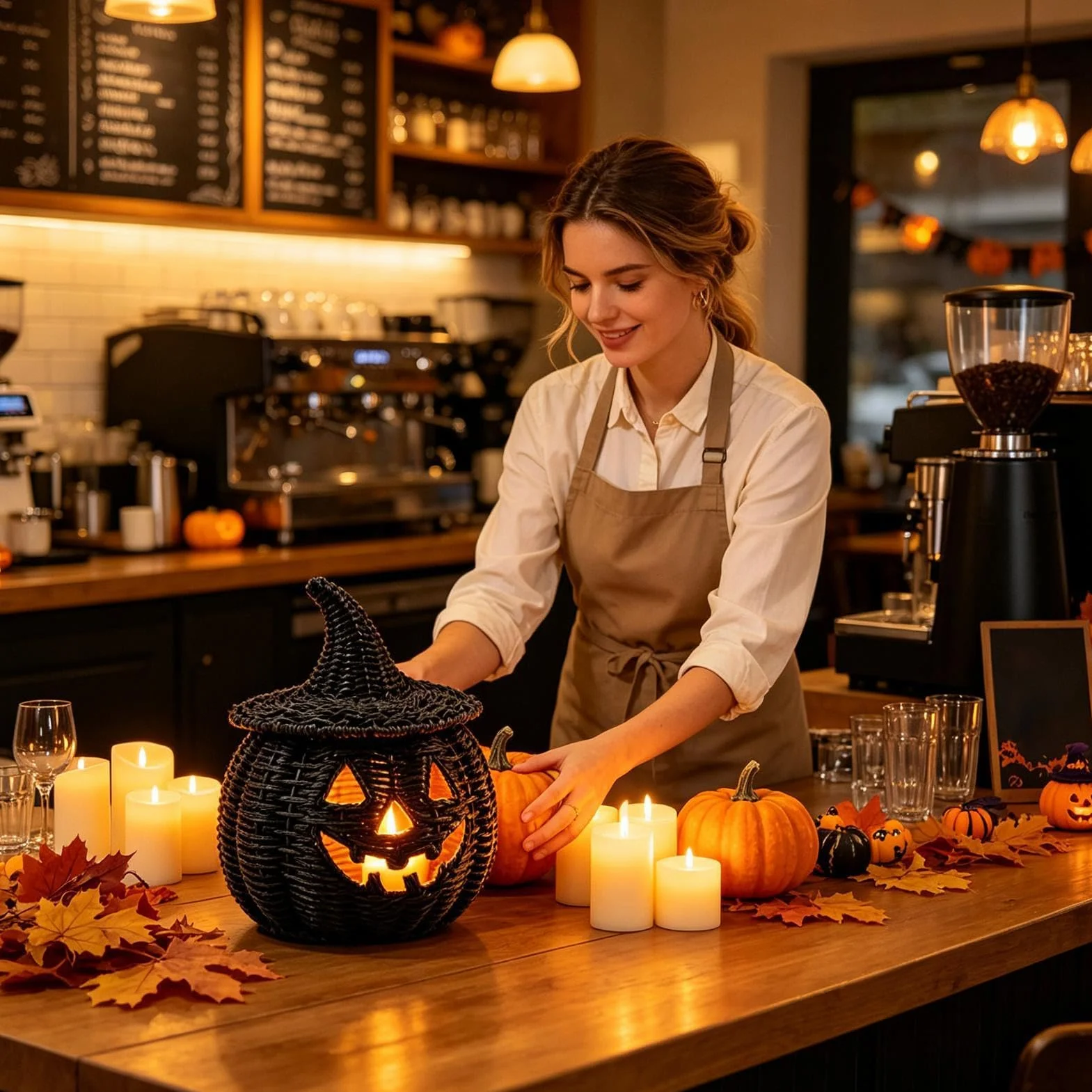Dekoracyjny Pleciony Kosz Dyniowy Halloweenowy pojemnik ze świeczką LED | Straszny Kosz Do Przechowywania Słodyczy do domu mieszkania apartamentu salonu biurka kominka stołu jadalnego przedpokoju